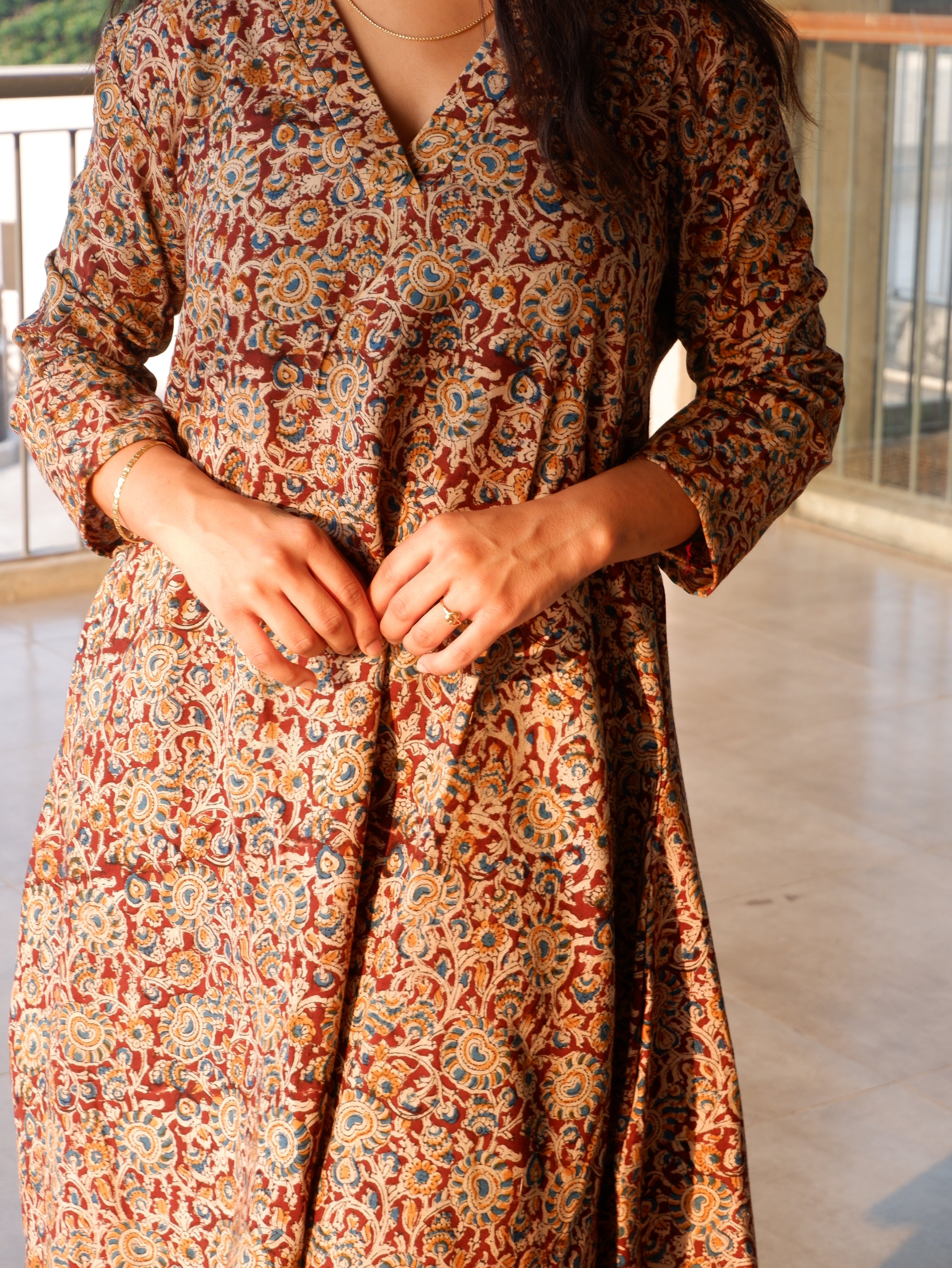 Brown Floral Kalamkari A-line Long Kurta