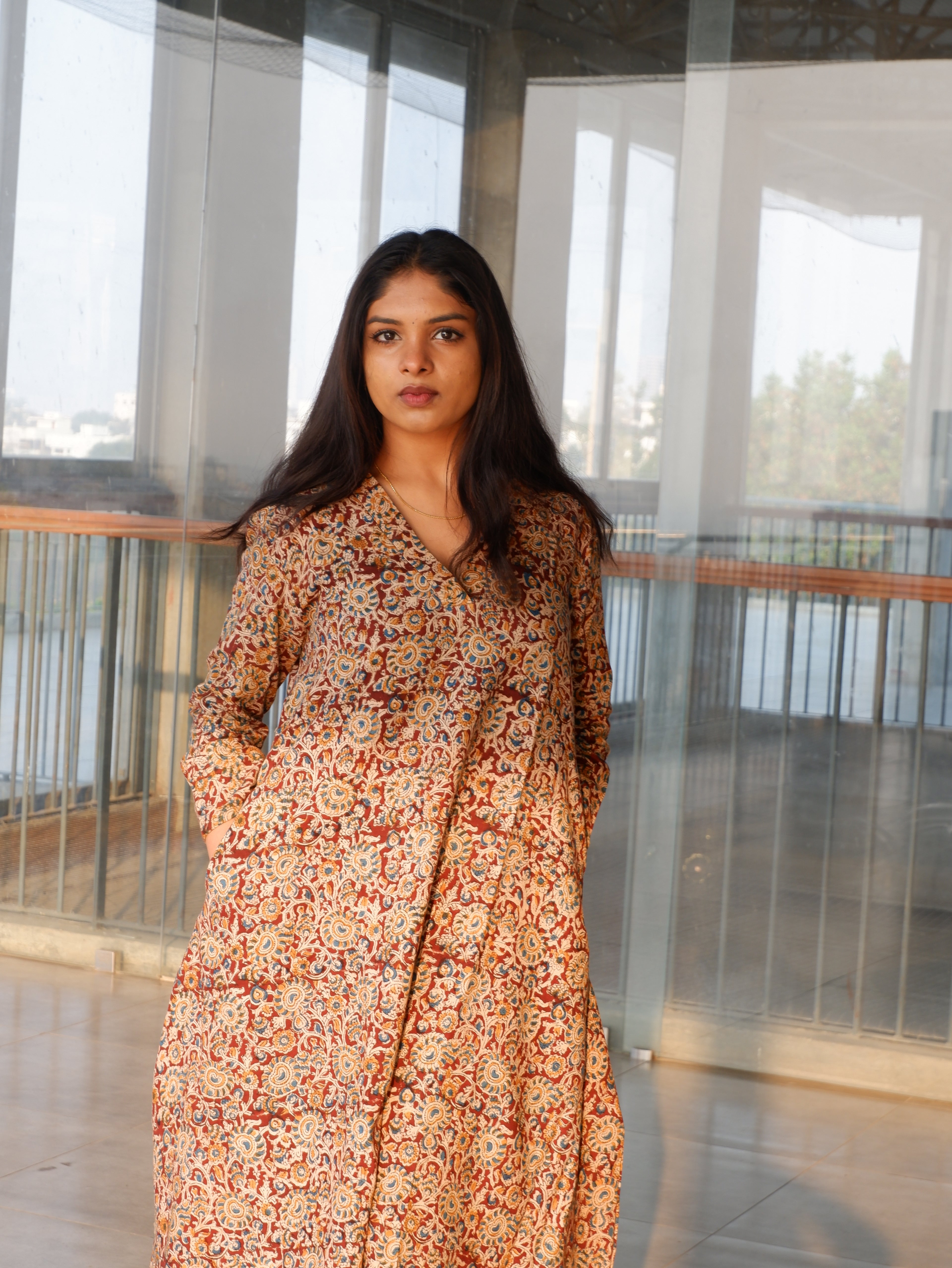Brown Floral Kalamkari A-line Long Kurta