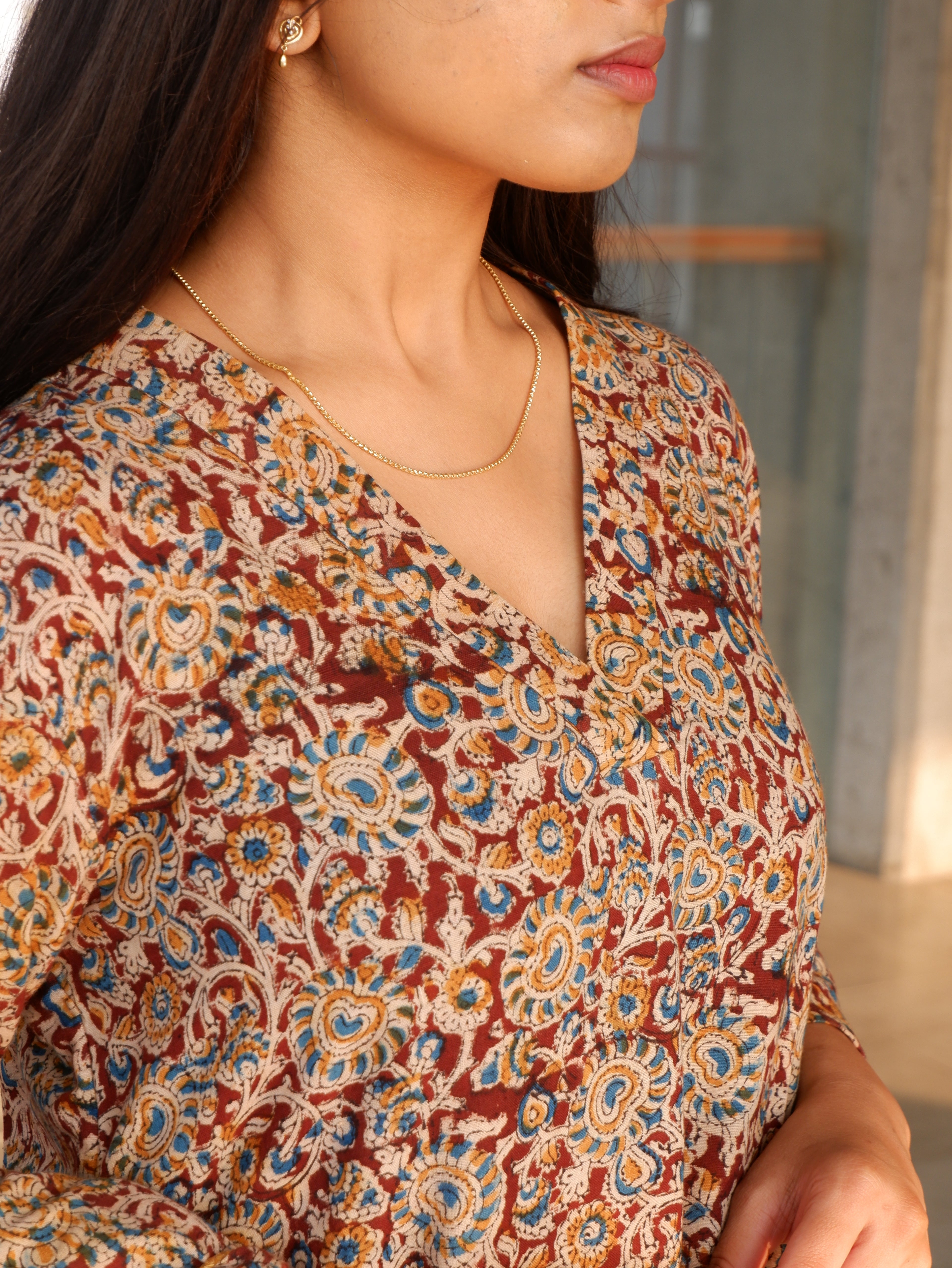 Brown Floral Kalamkari A-line Long Kurta