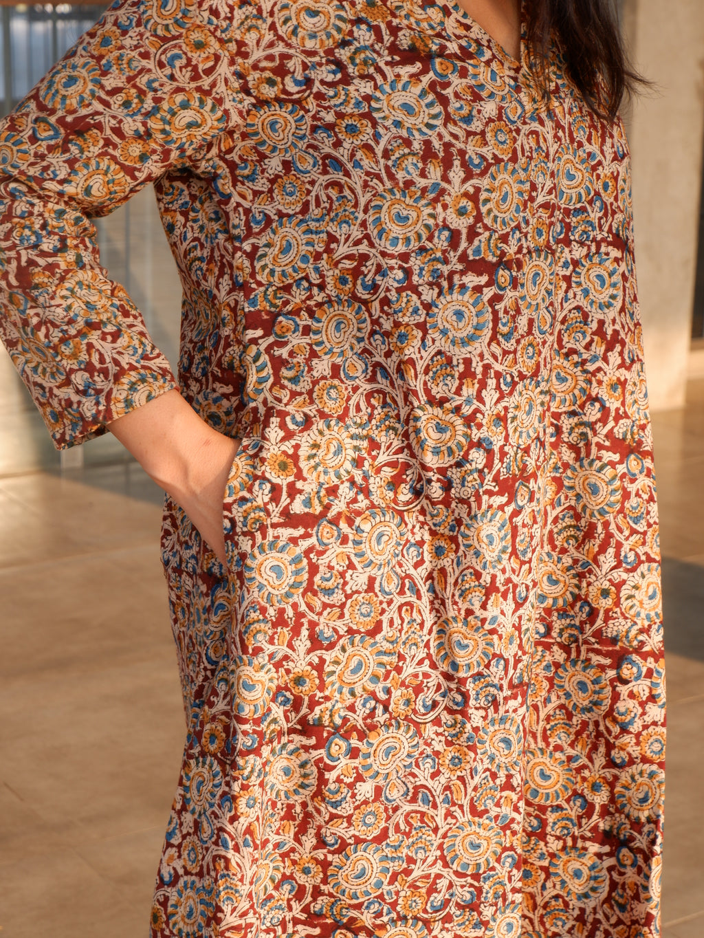 Brown Floral Kalamkari A-line Long Kurta