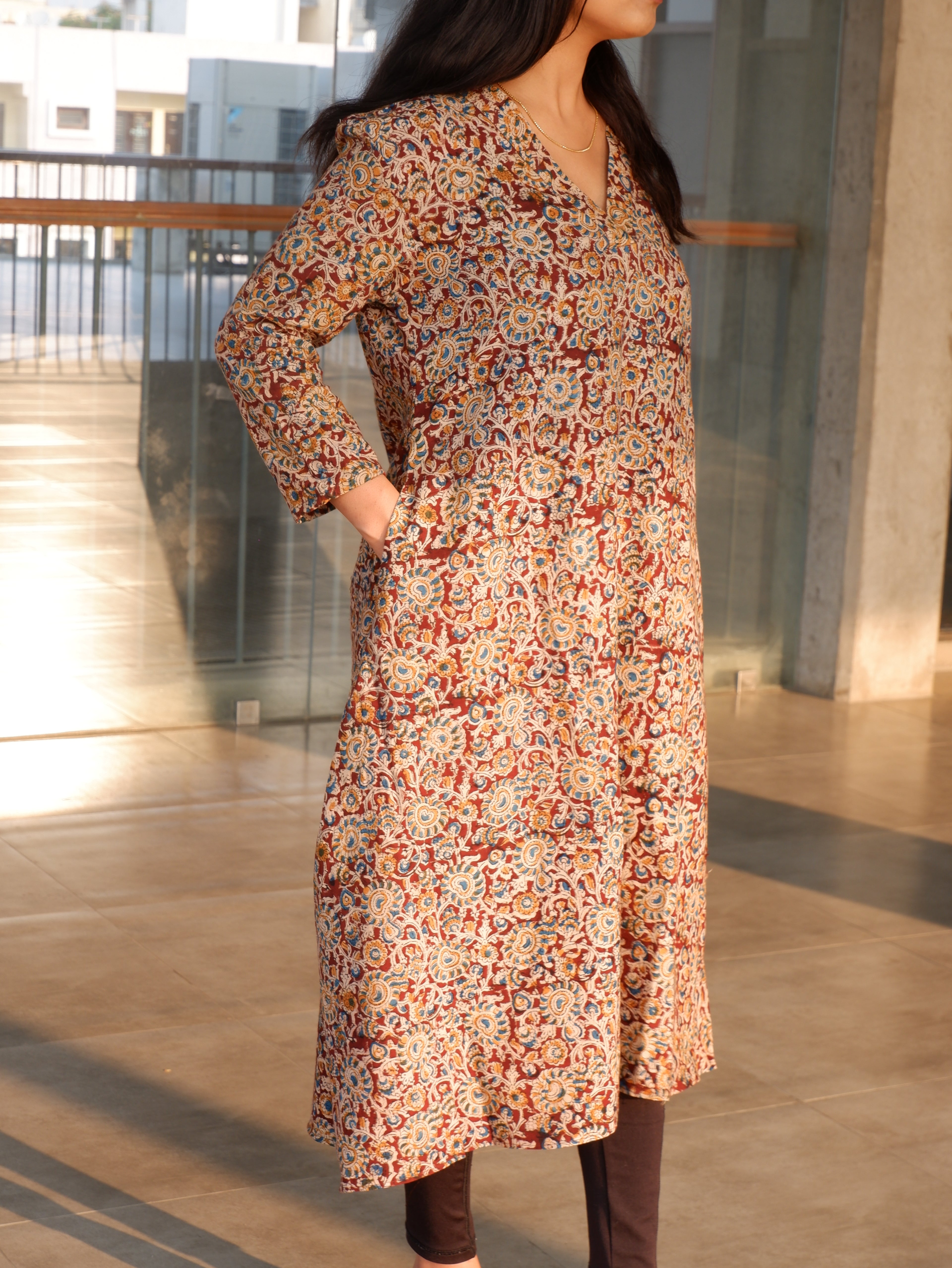 Brown Floral Kalamkari A-line Long Kurta