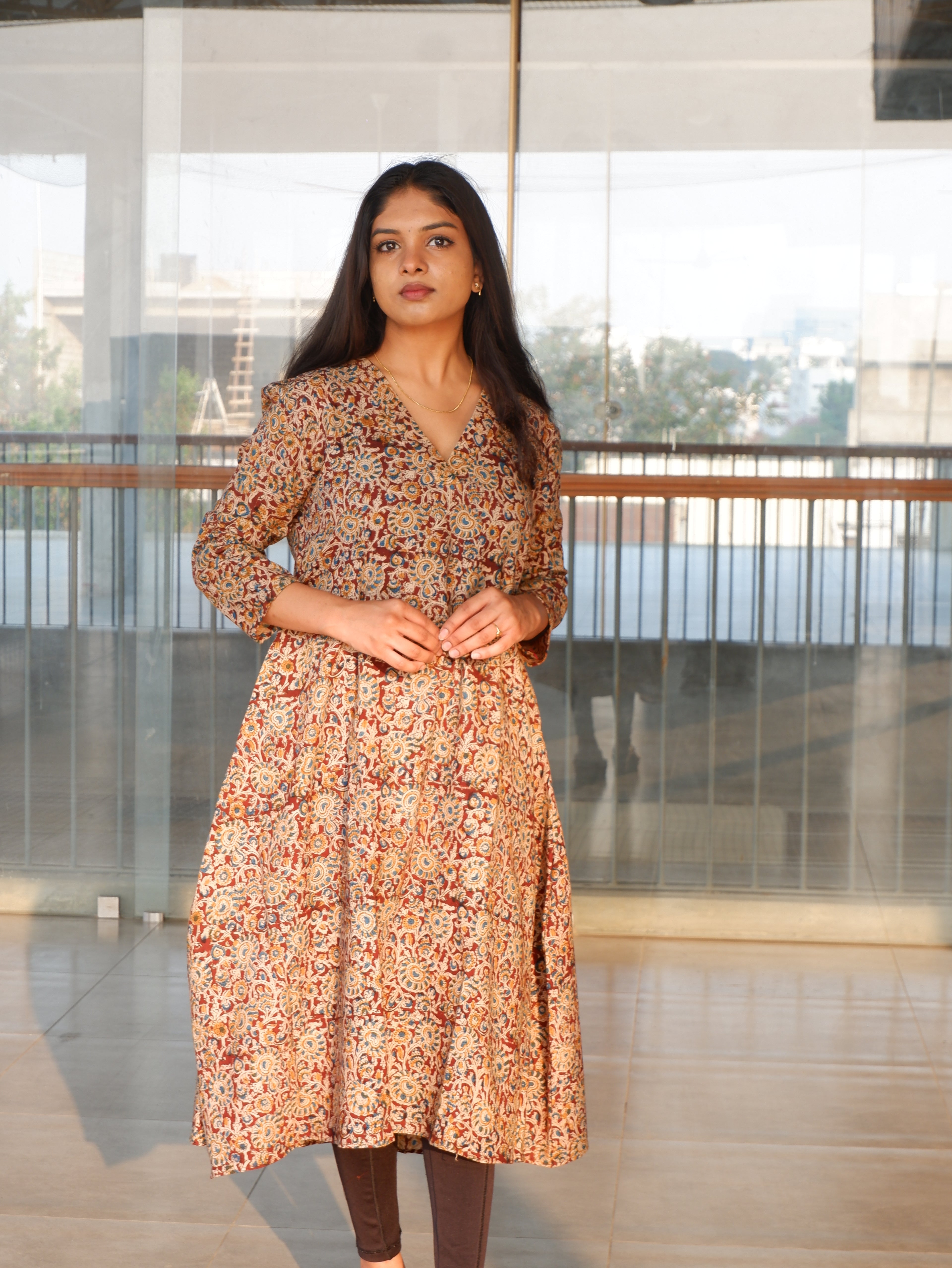 Brown Floral Kalamkari A-line Long Kurta