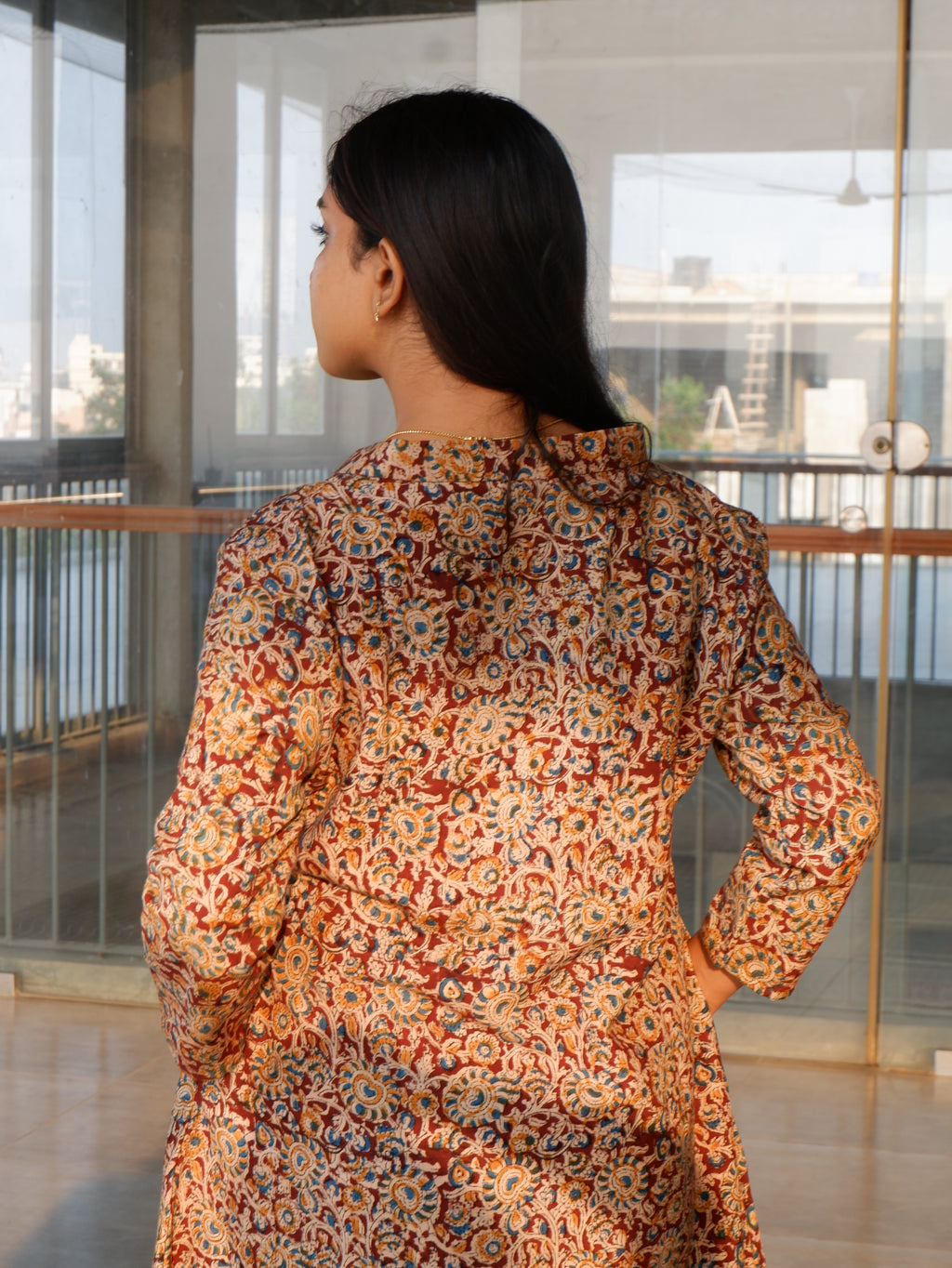 Brown Floral Kalamkari A-line Long Kurta