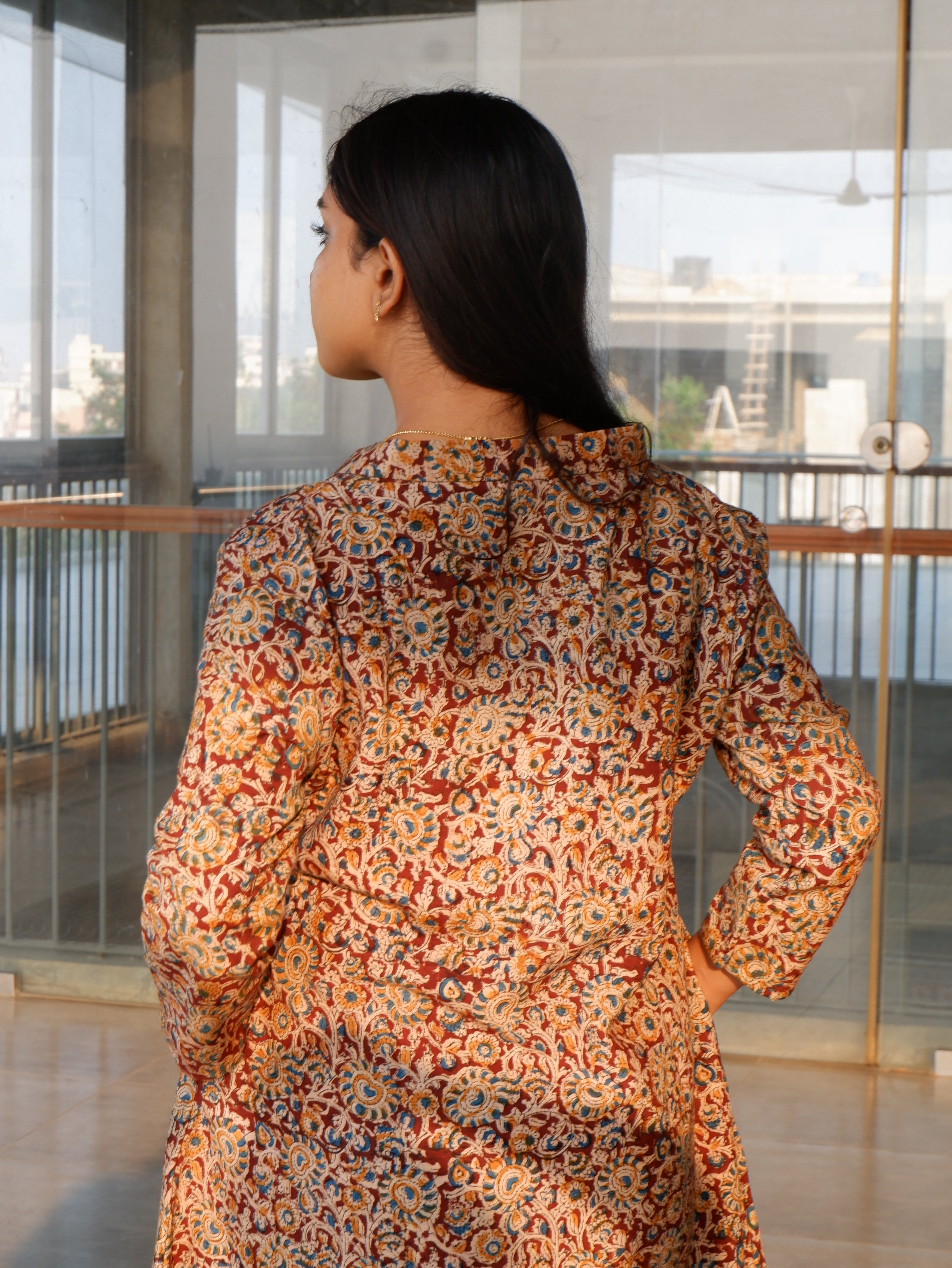 Brown Floral Kalamkari A-line Long Kurta
