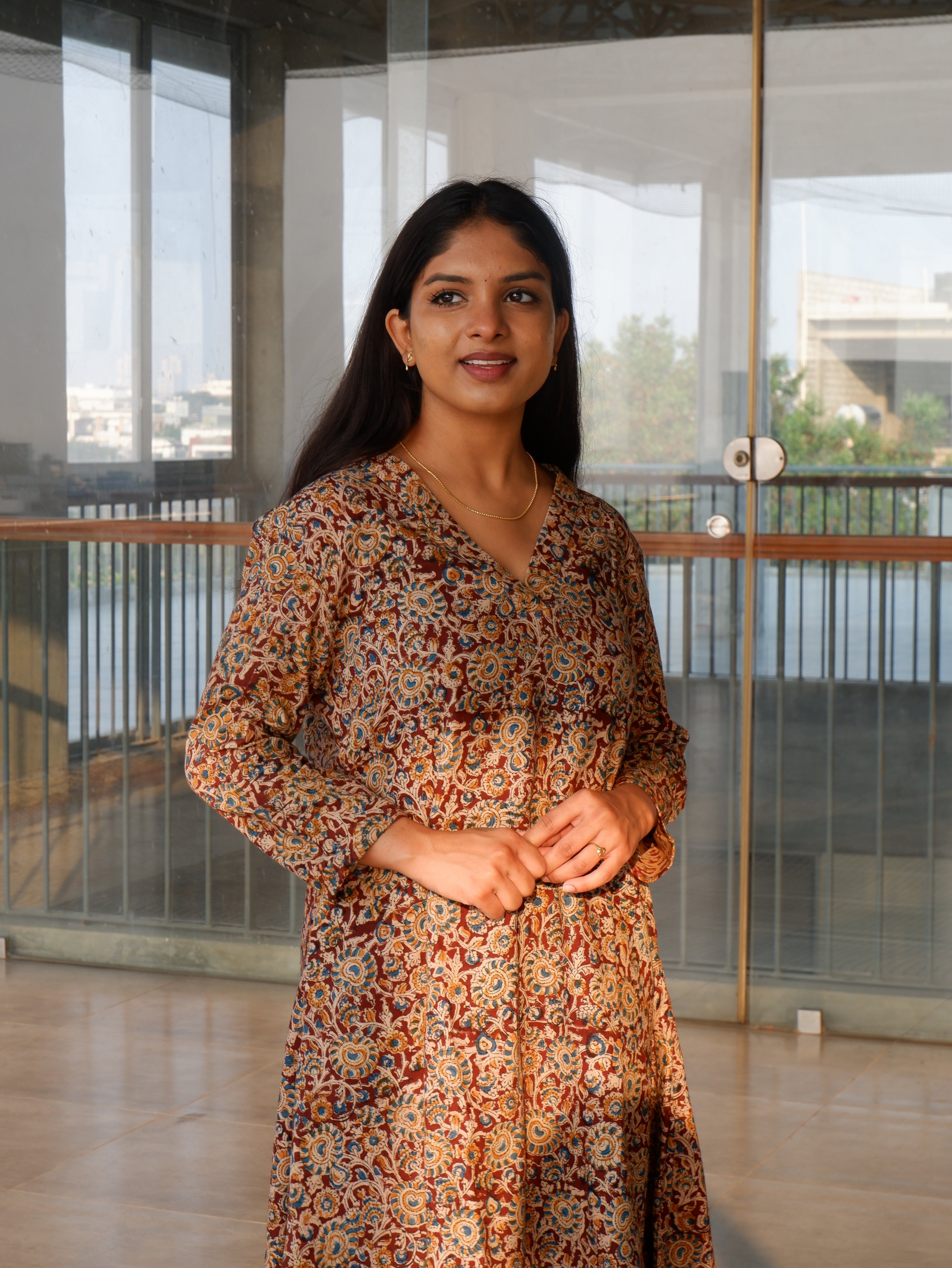 Brown Floral Kalamkari A-line Long Kurta