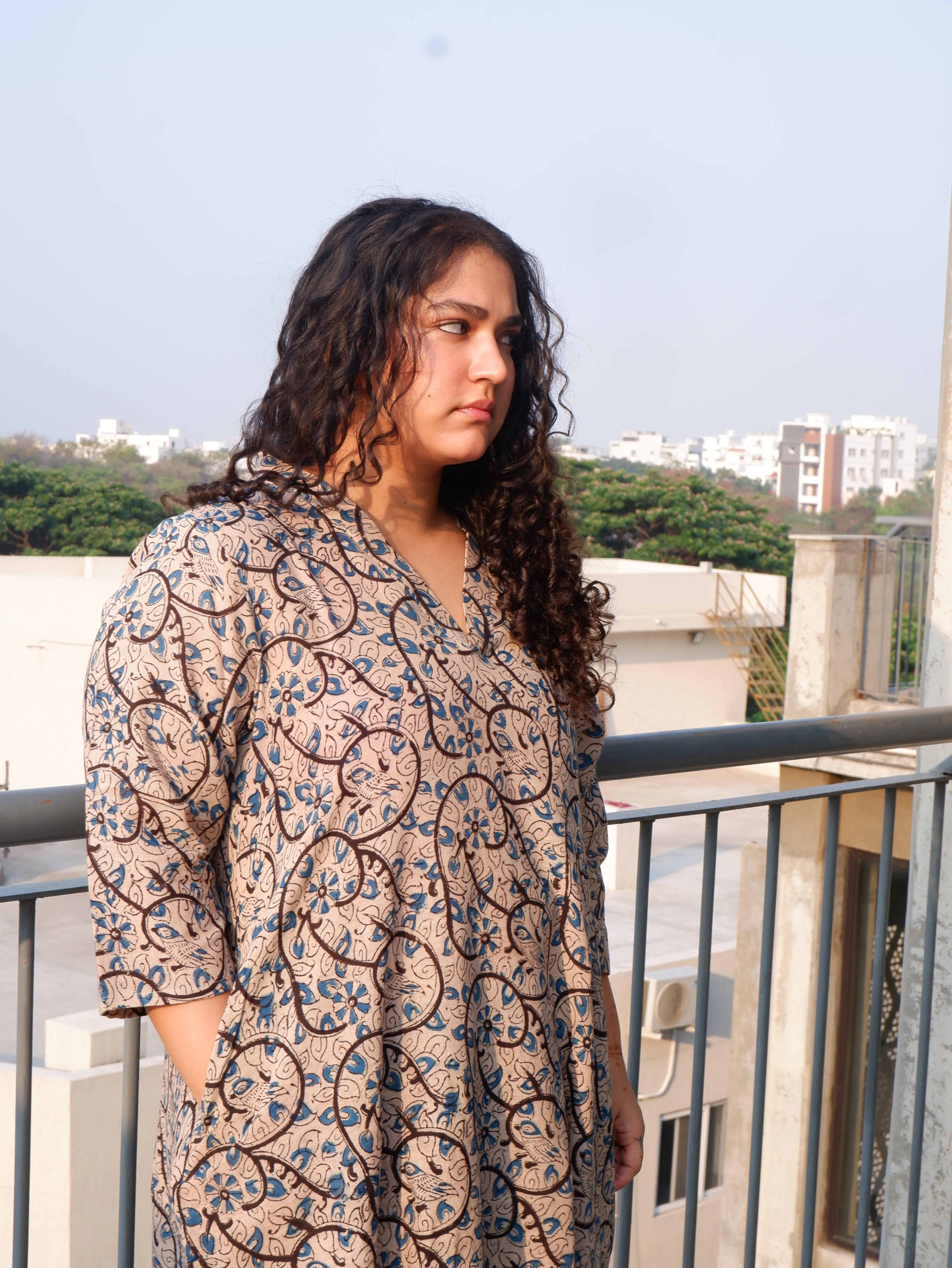 White Indigo Kalamkari A-line Long Kurta