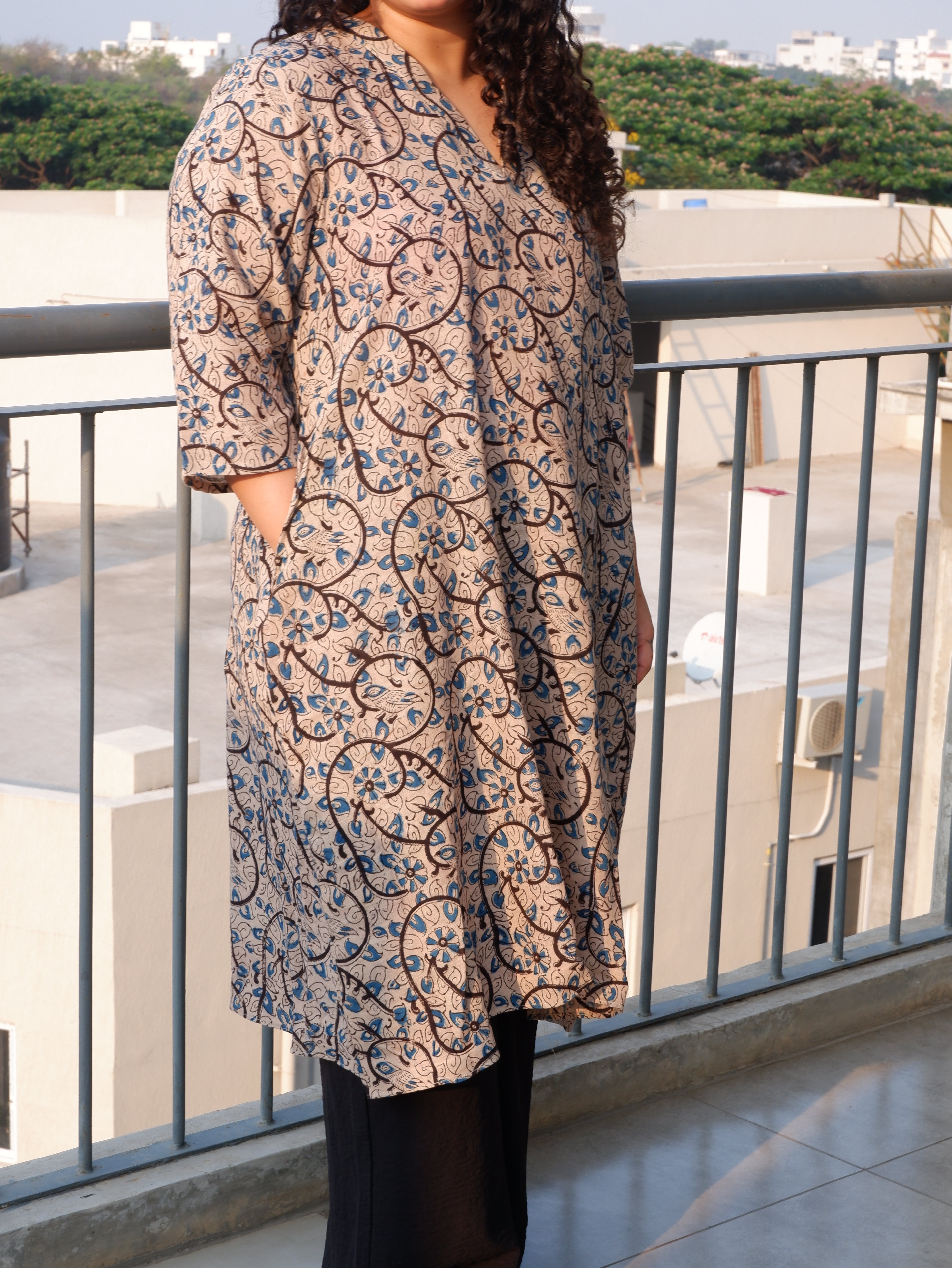 White Indigo Kalamkari A-line Long Kurta