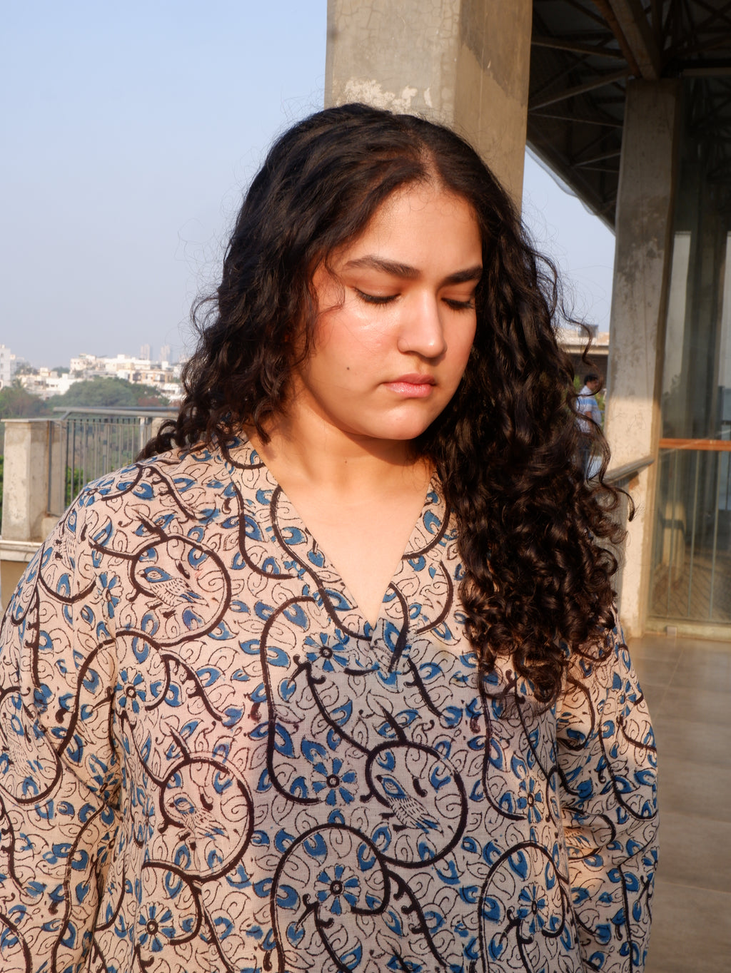 White Indigo Kalamkari A-line Long Kurta