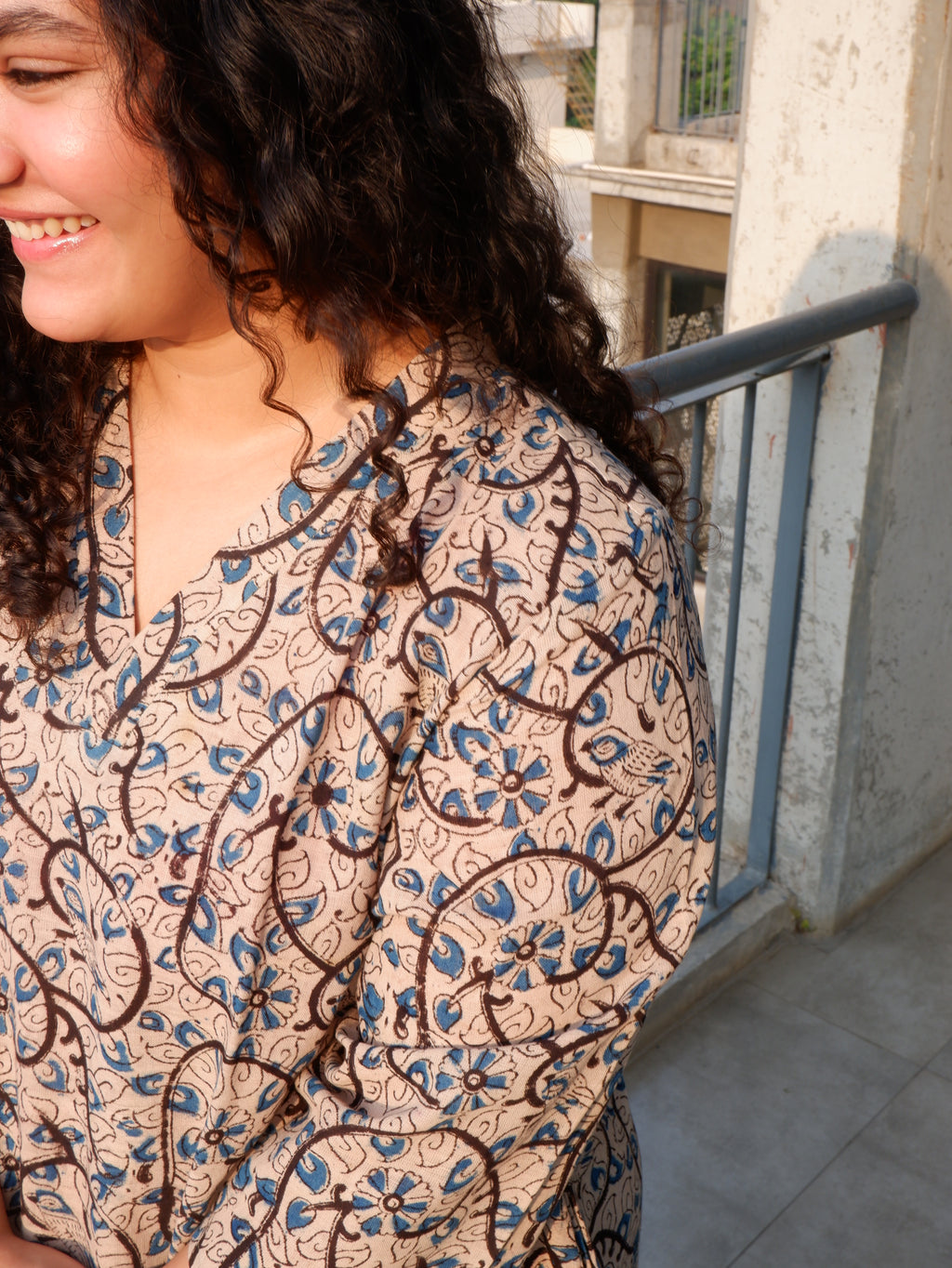 White Indigo Kalamkari A-line Long Kurta
