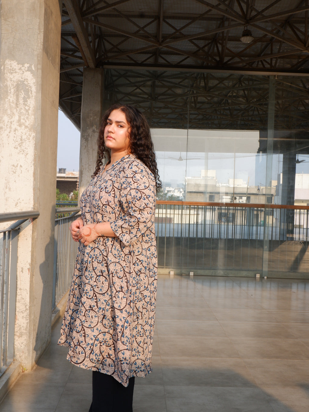 White Indigo Kalamkari A-line Long Kurta