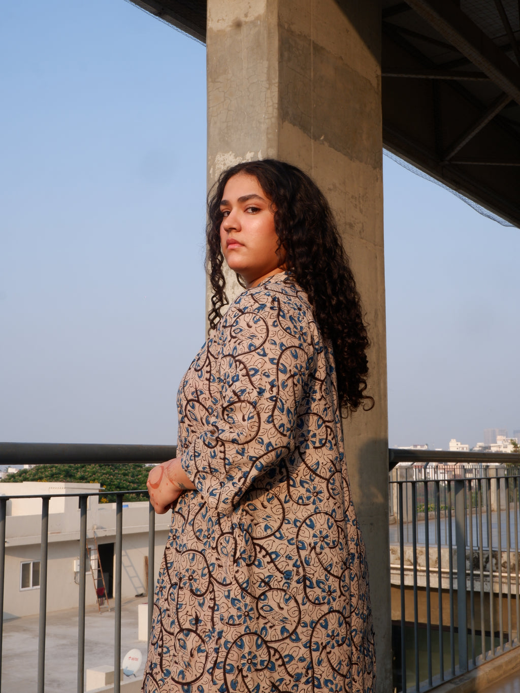 White Indigo Kalamkari A-line Long Kurta