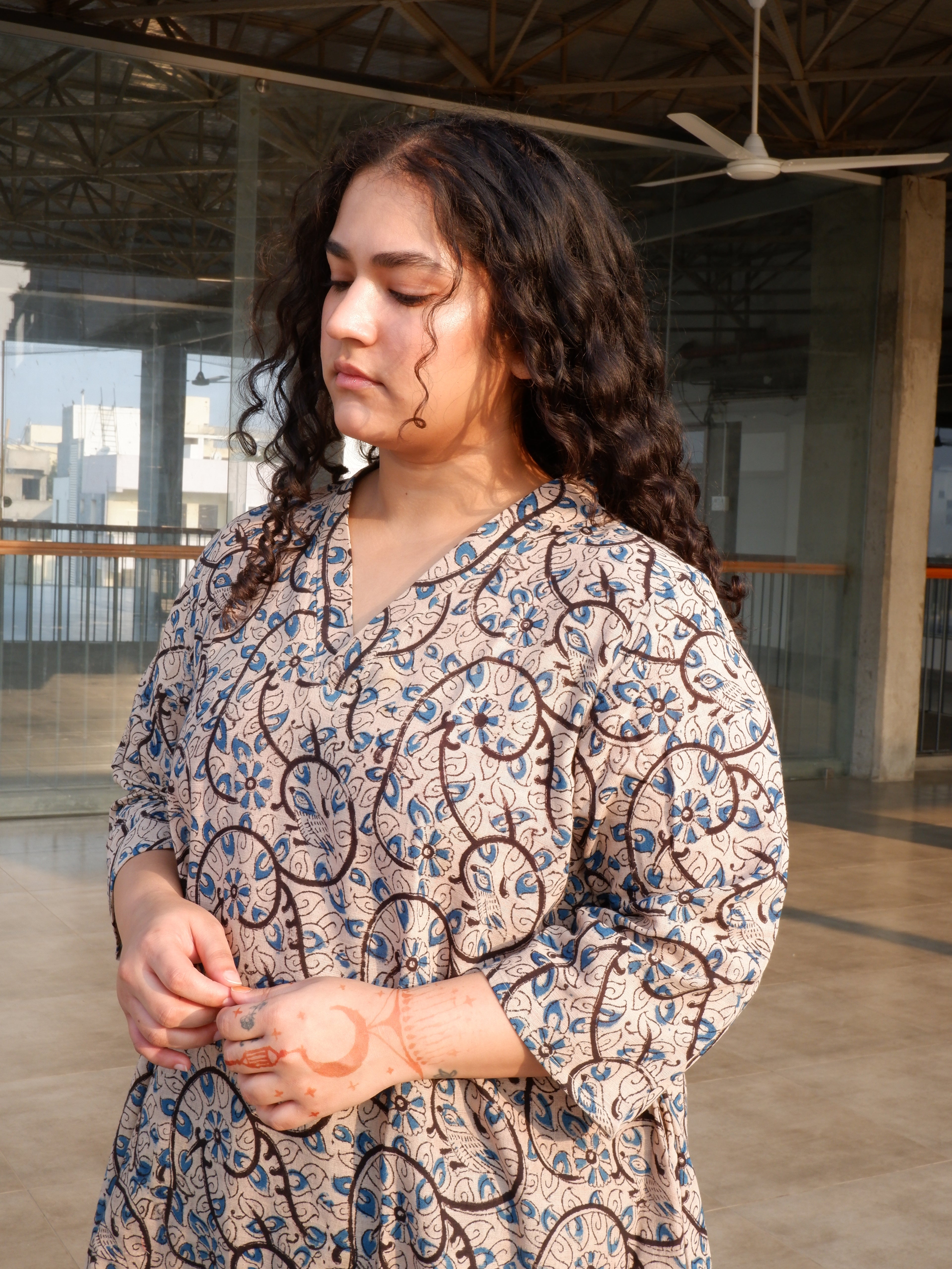 White Indigo Kalamkari A-line Long Kurta