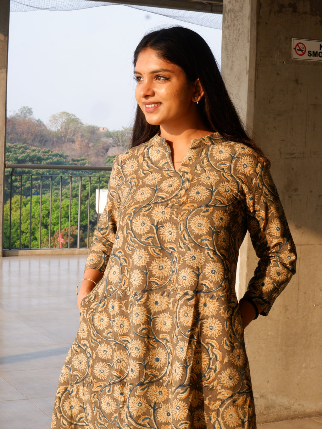 Greenish Grey Kalamkari A-line Long Kurta