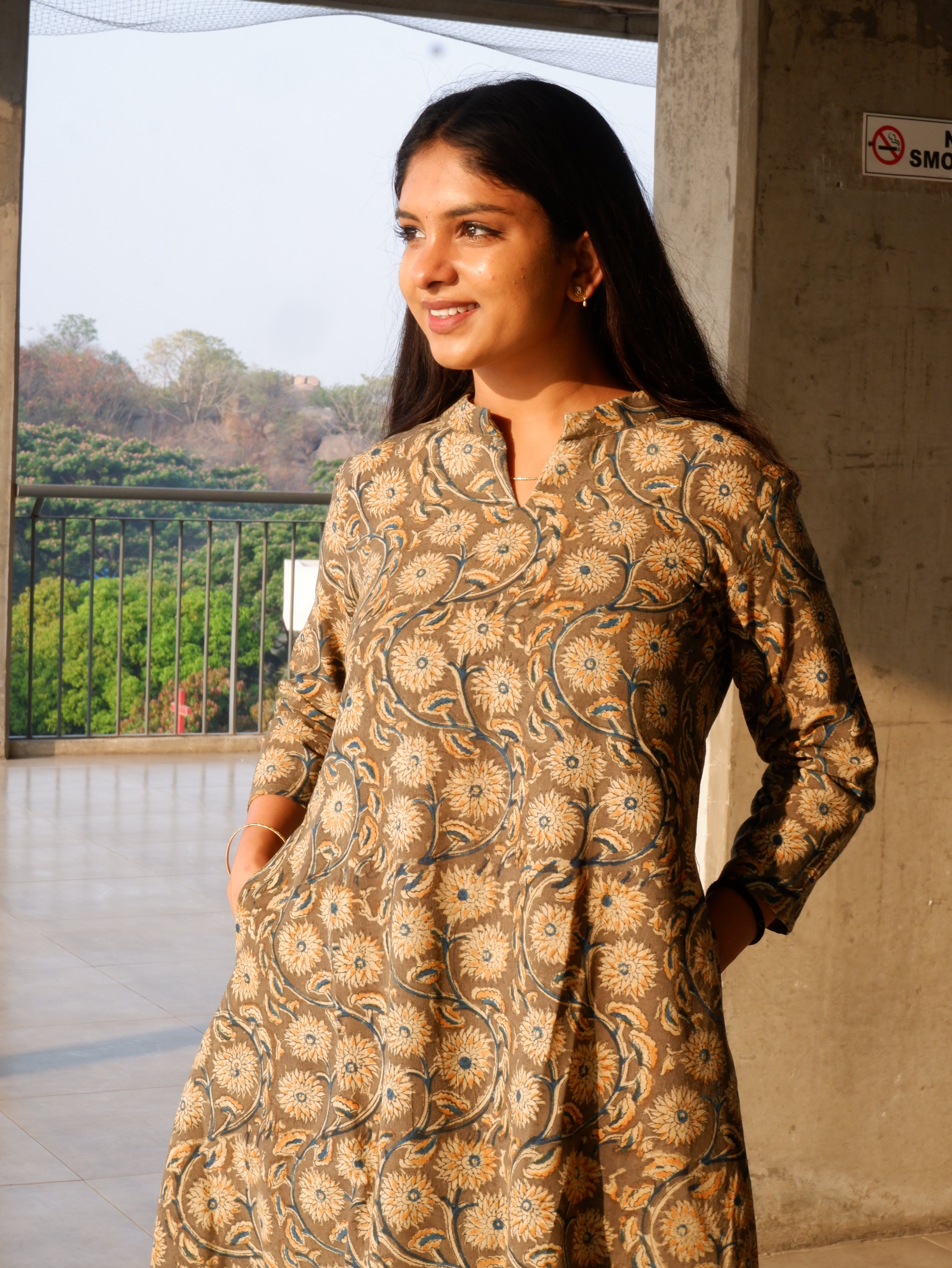 Greenish Grey Kalamkari A-line Long Kurta