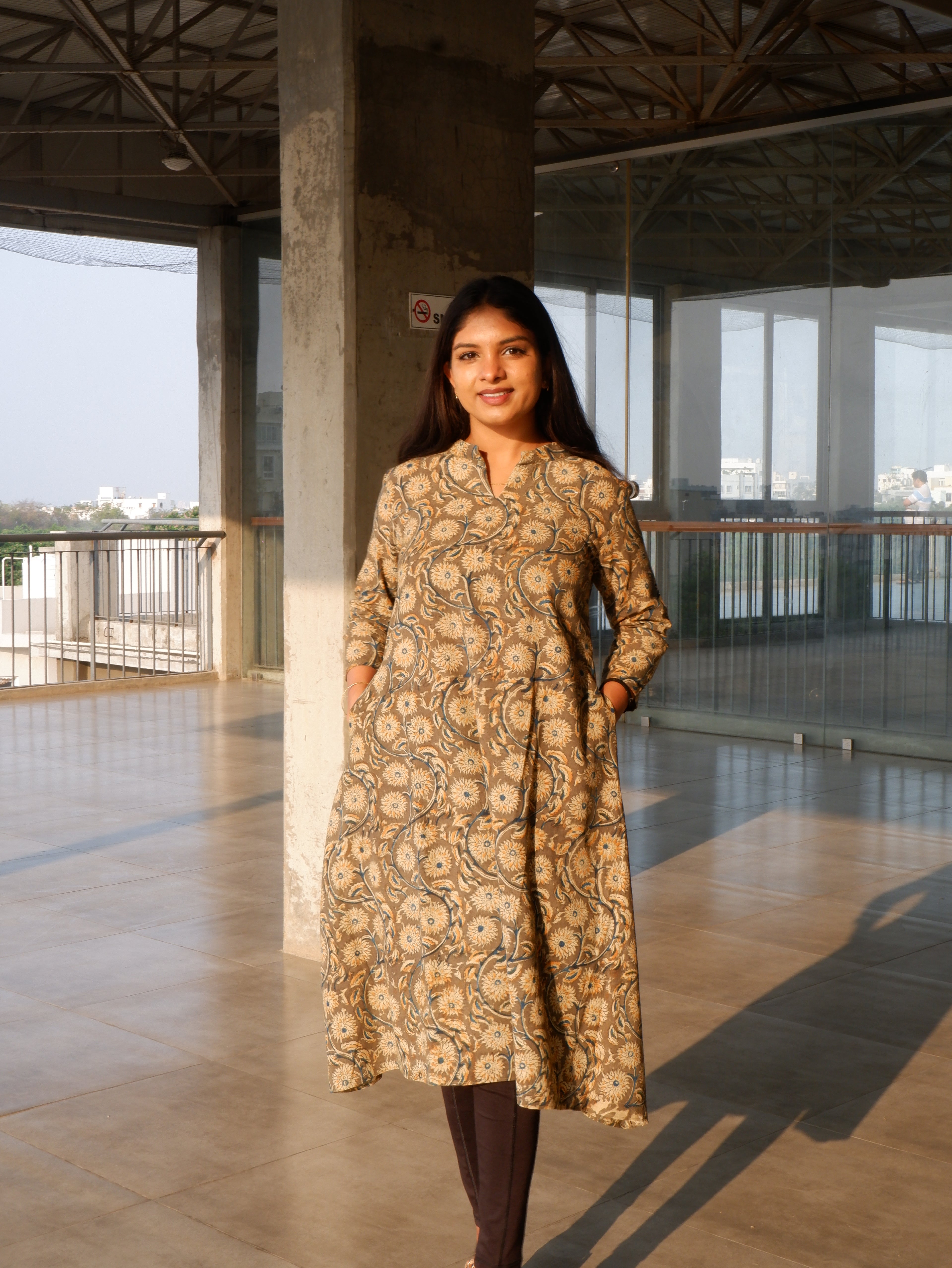 Greenish Grey Kalamkari A-line Long Kurta