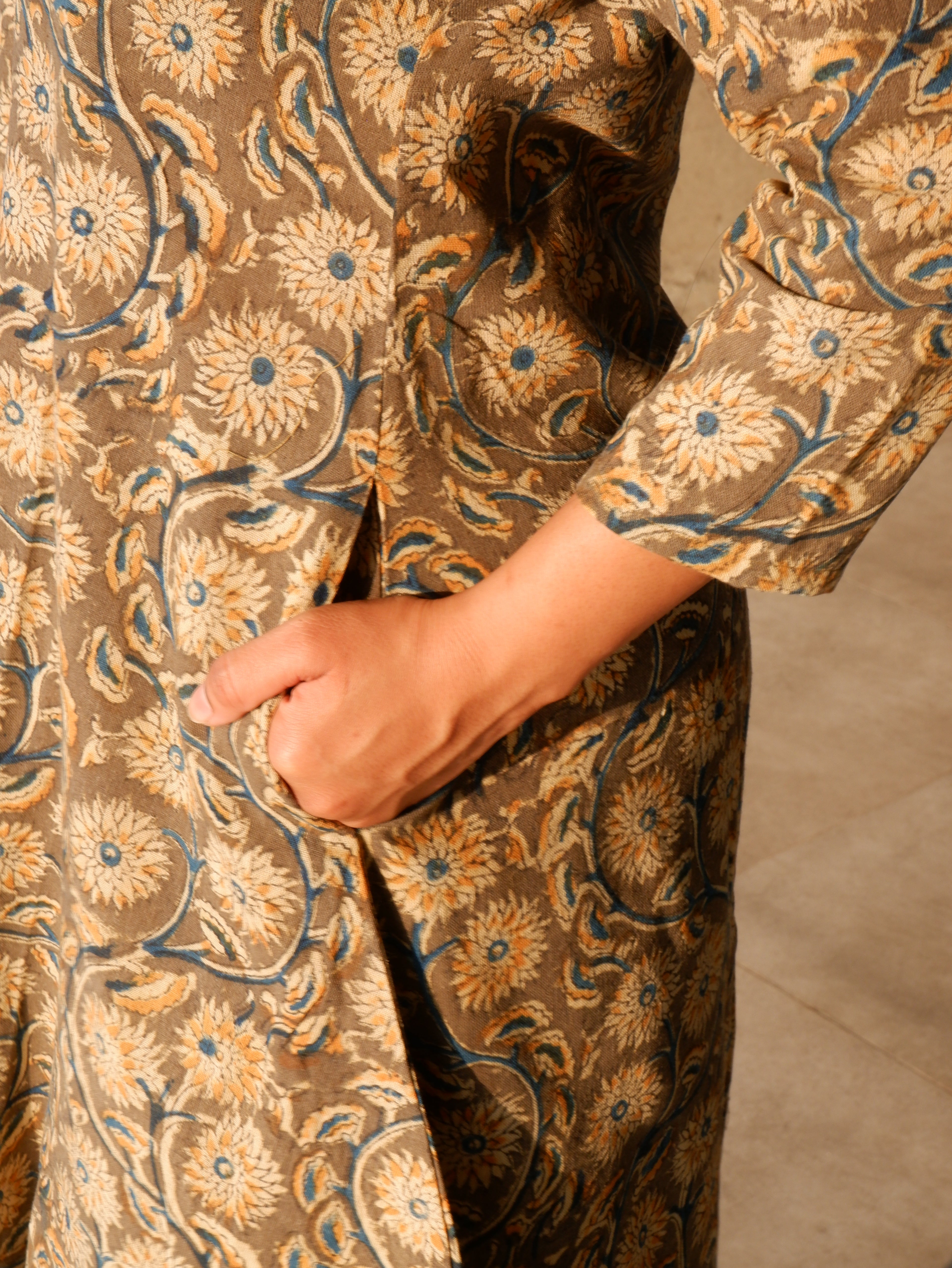 Greenish Grey Kalamkari A-line Long Kurta