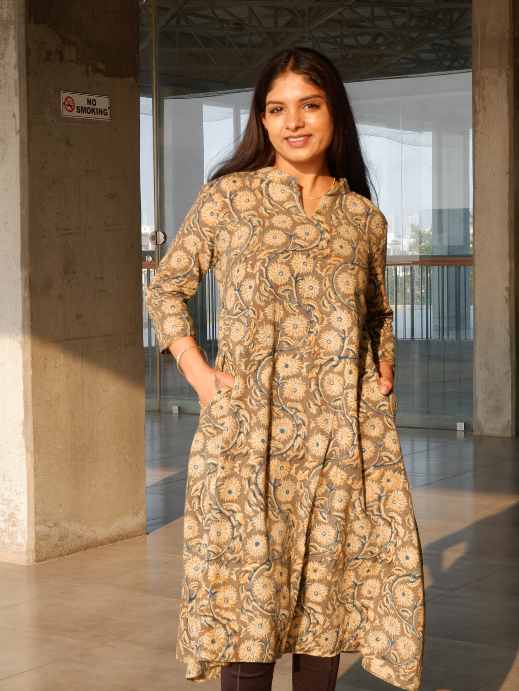 Greenish Grey Kalamkari A-line Long Kurta