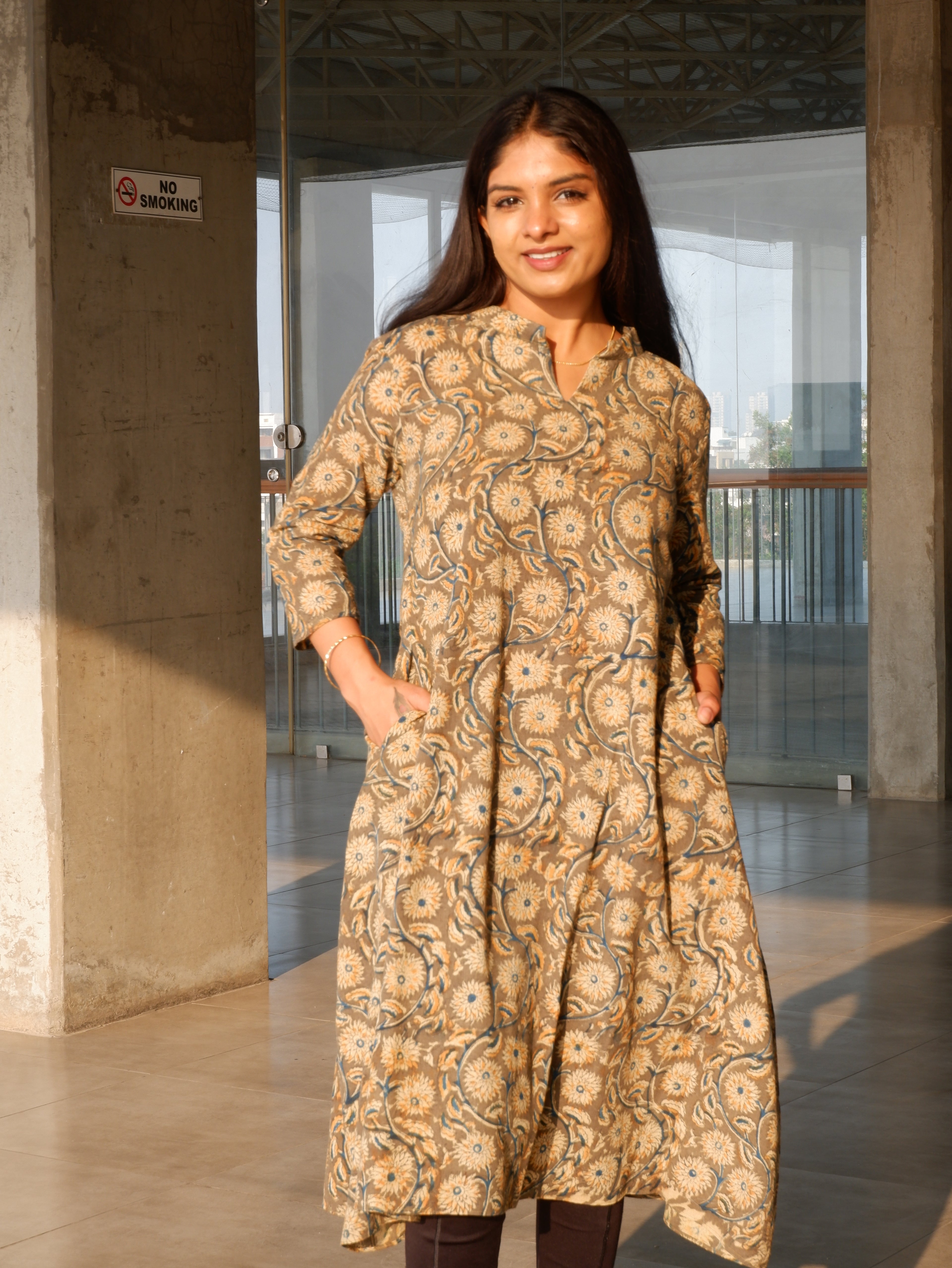 Greenish Grey Kalamkari A-line Long Kurta