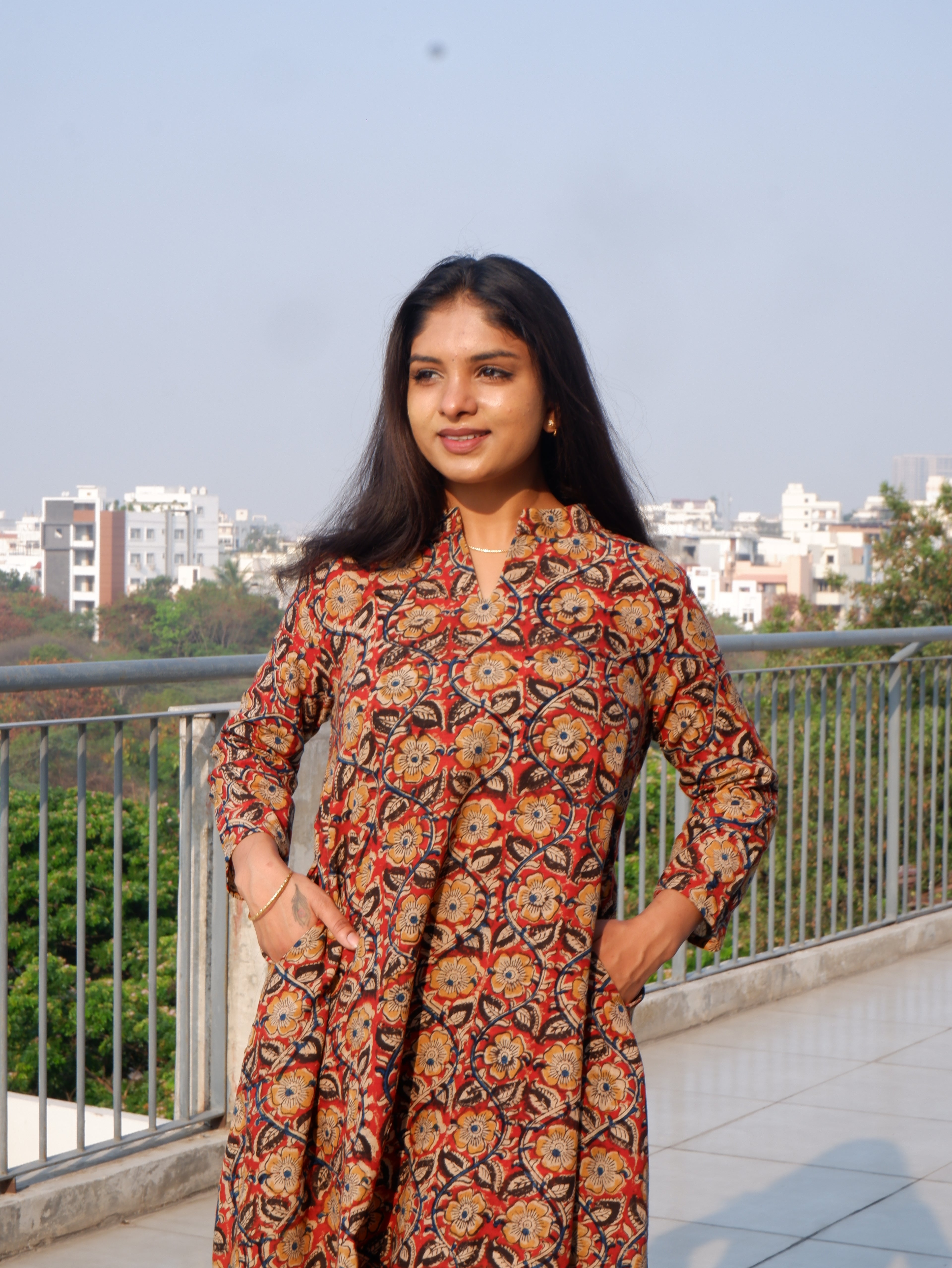Floral Red Kalamkari A-line Long Kurta