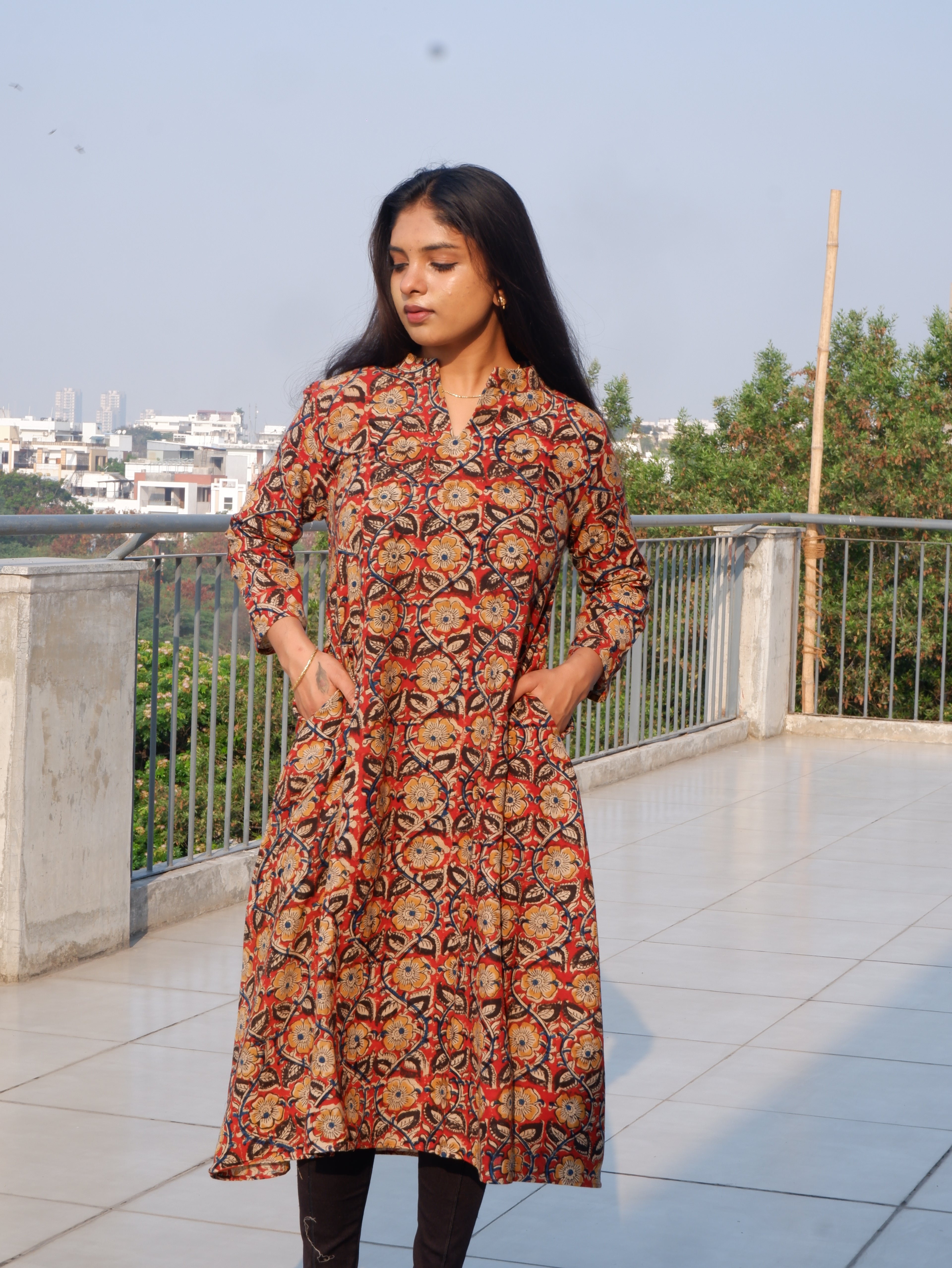 Floral Red Kalamkari A-line Long Kurta