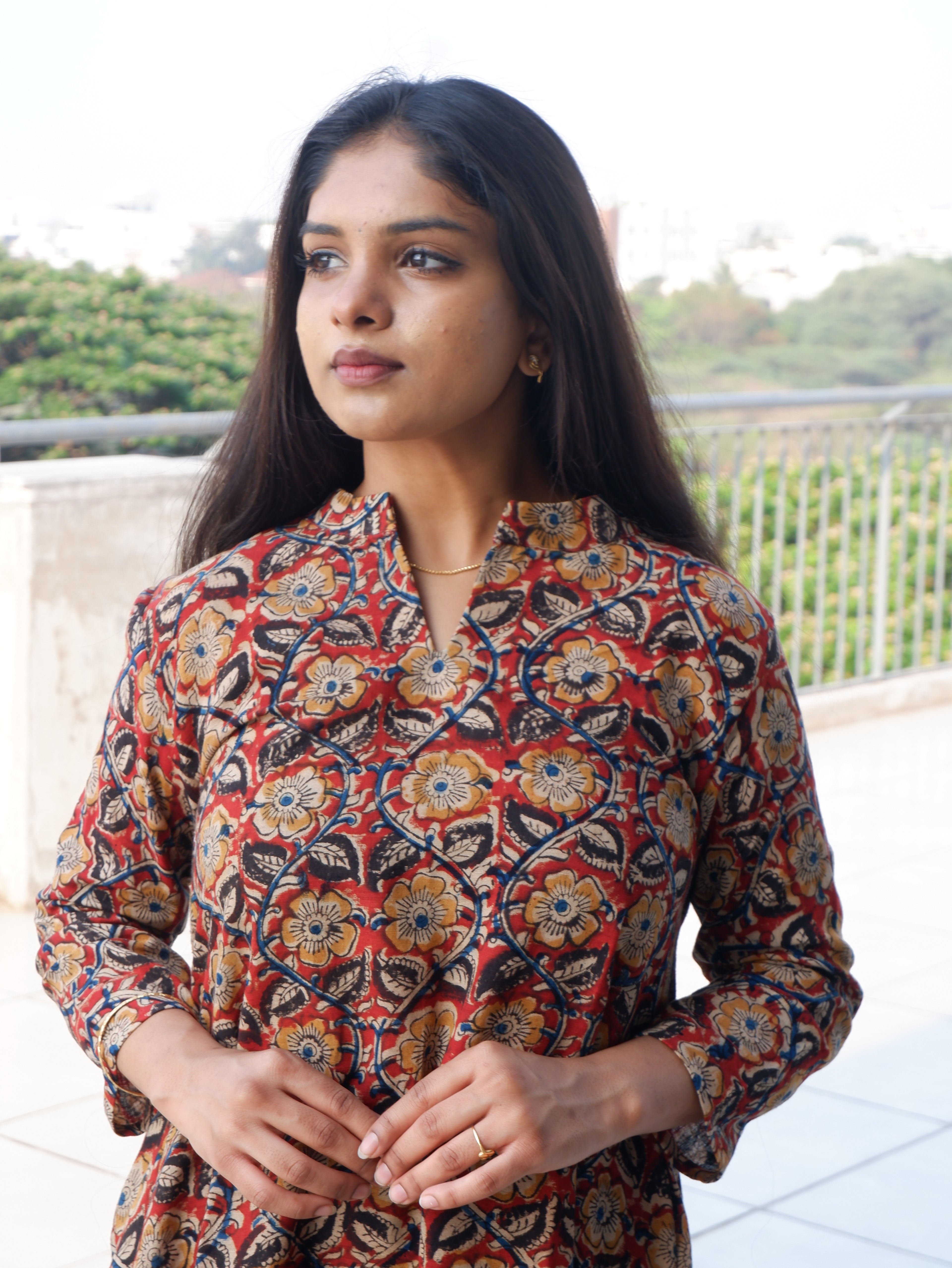 Floral Red Kalamkari A-line Long Kurta