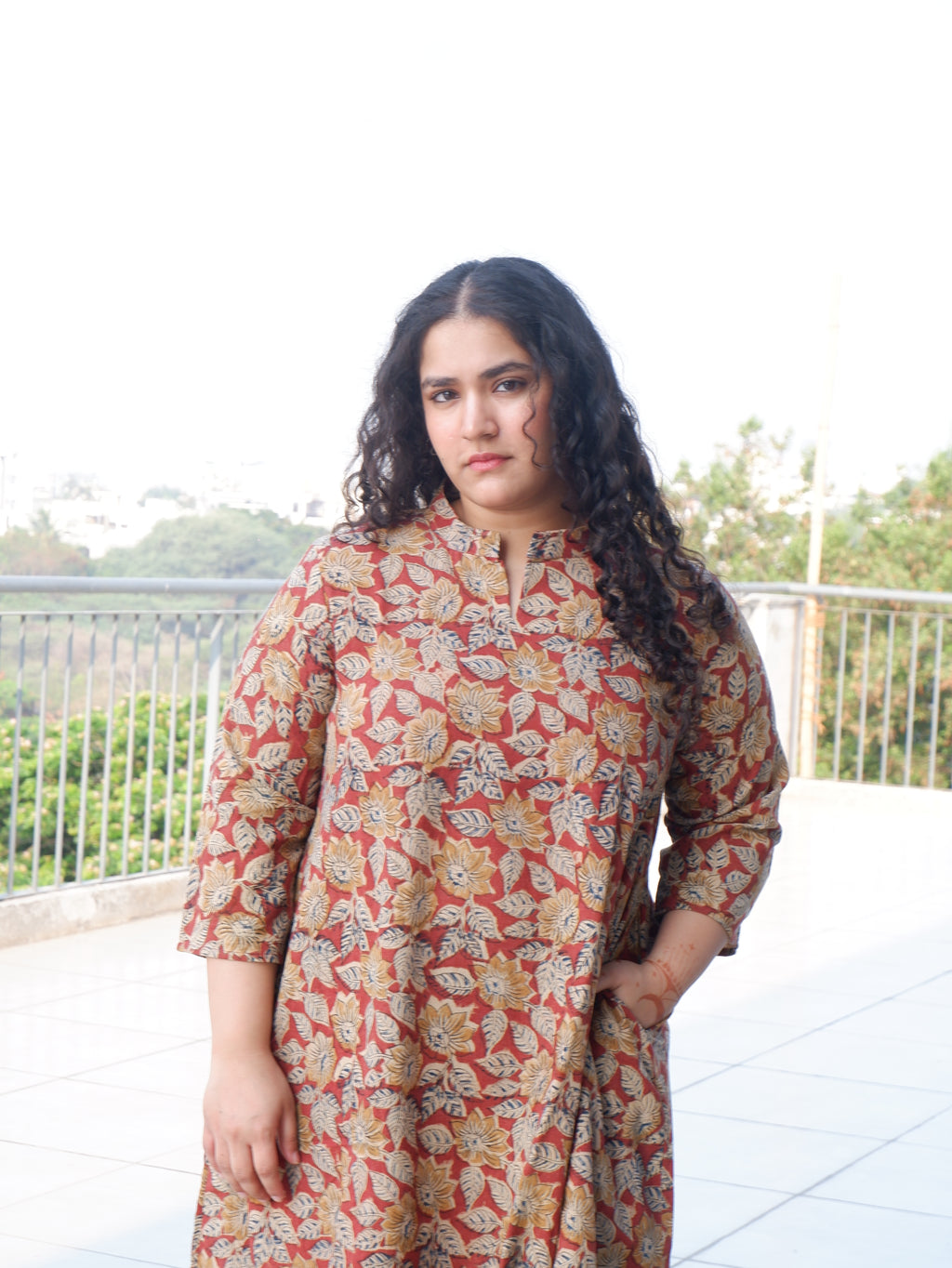 Leaf Red Kalamkari A-line Long Kurta