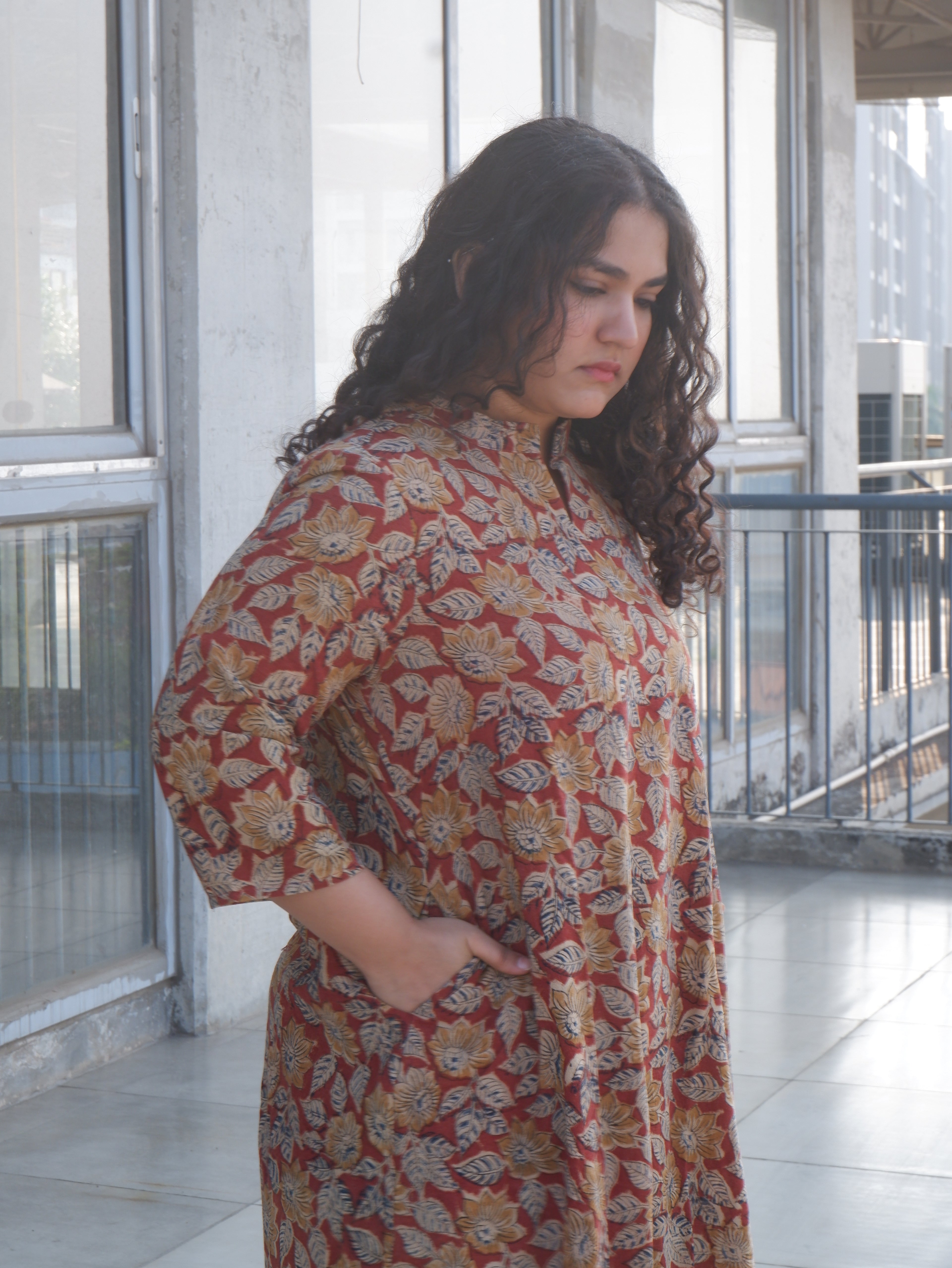 Leaf Red Kalamkari A-line Long Kurta