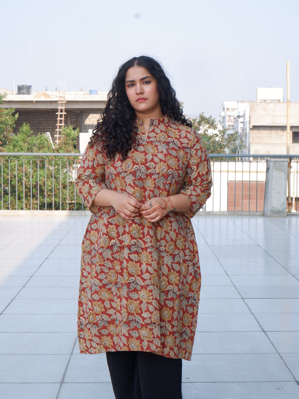 Leaf Red Kalamkari A-line Long Kurta