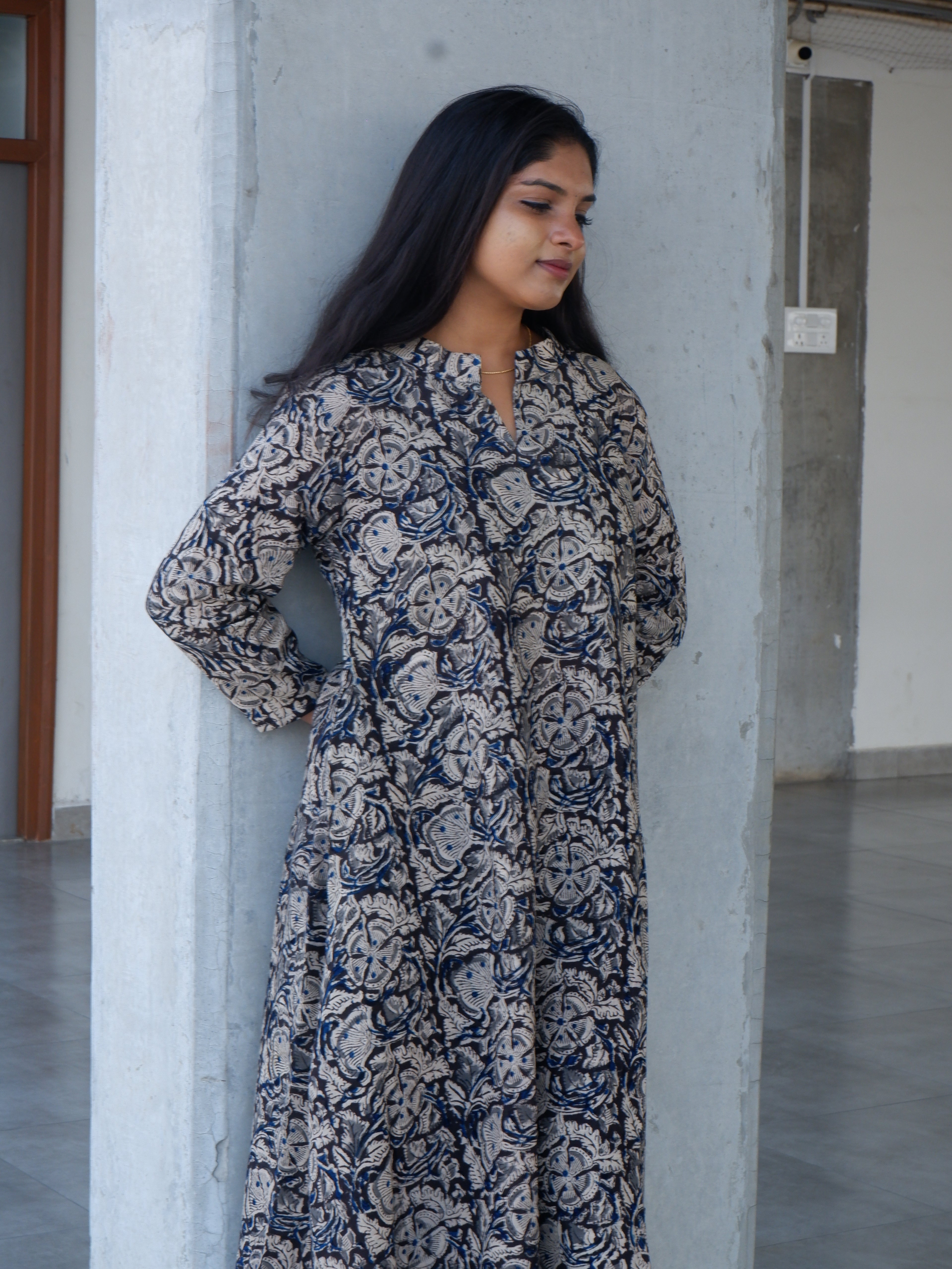 Floral Black Kalamkari A-line Long Kurta