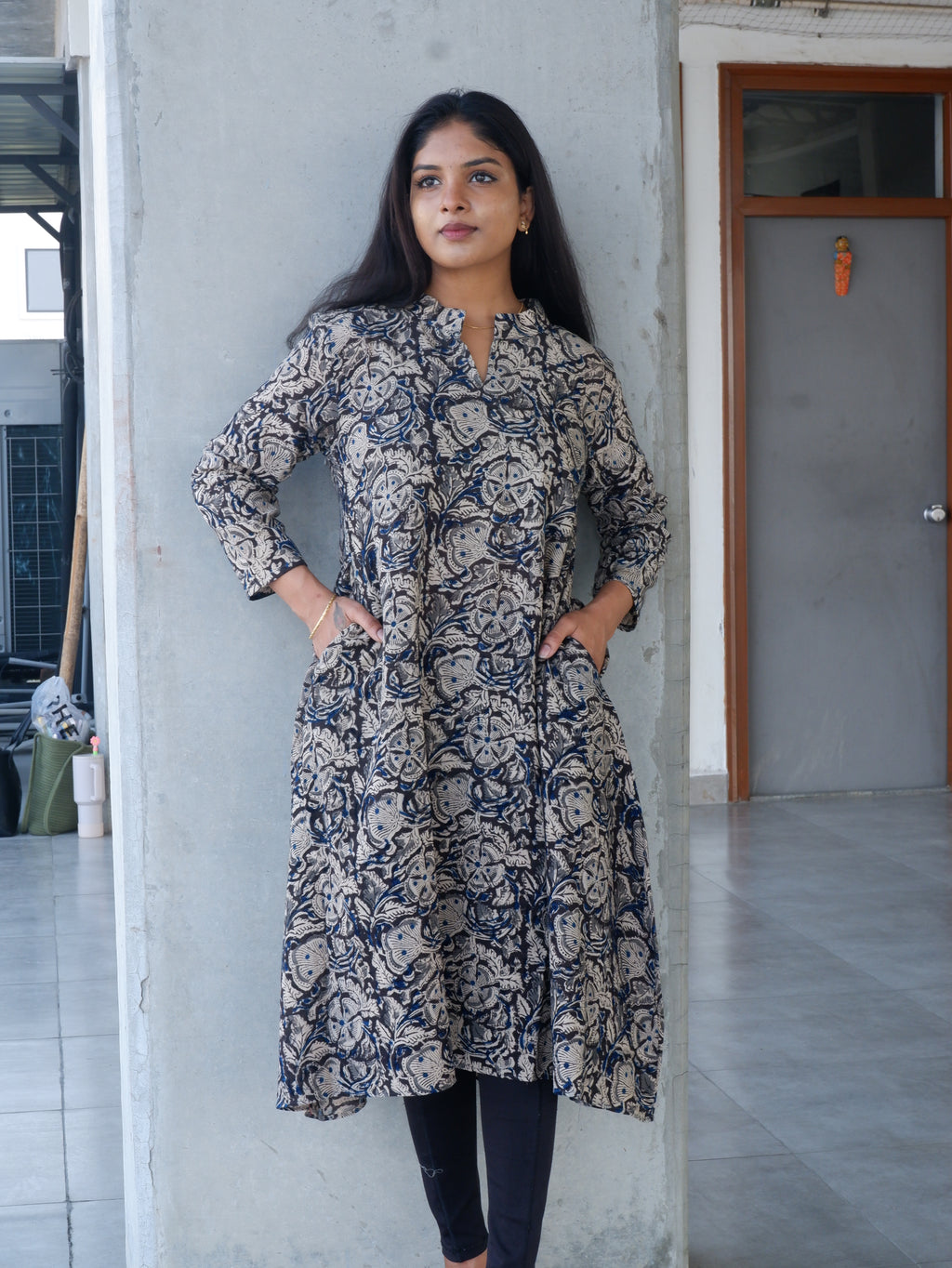 Floral Black Kalamkari A-line Long Kurta