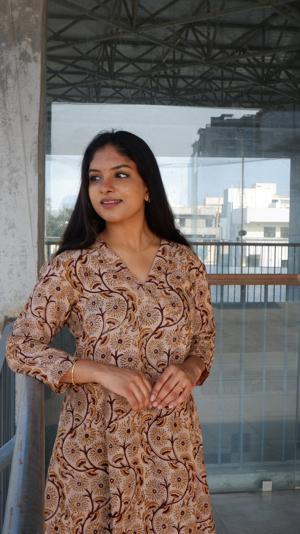 Cream Brown Kalamkari A-line Long Kurta