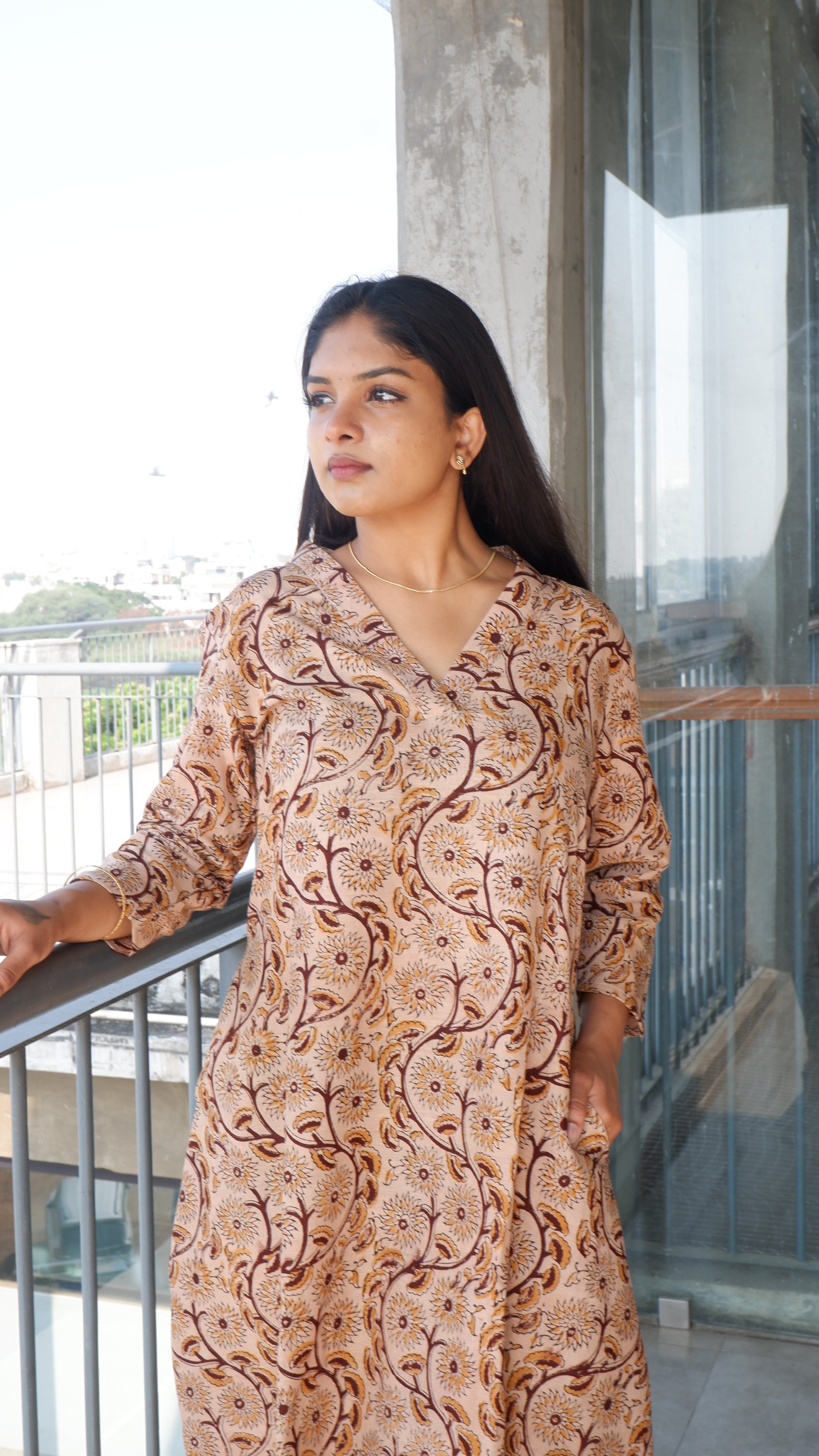 Cream Brown Kalamkari A-line Long Kurta
