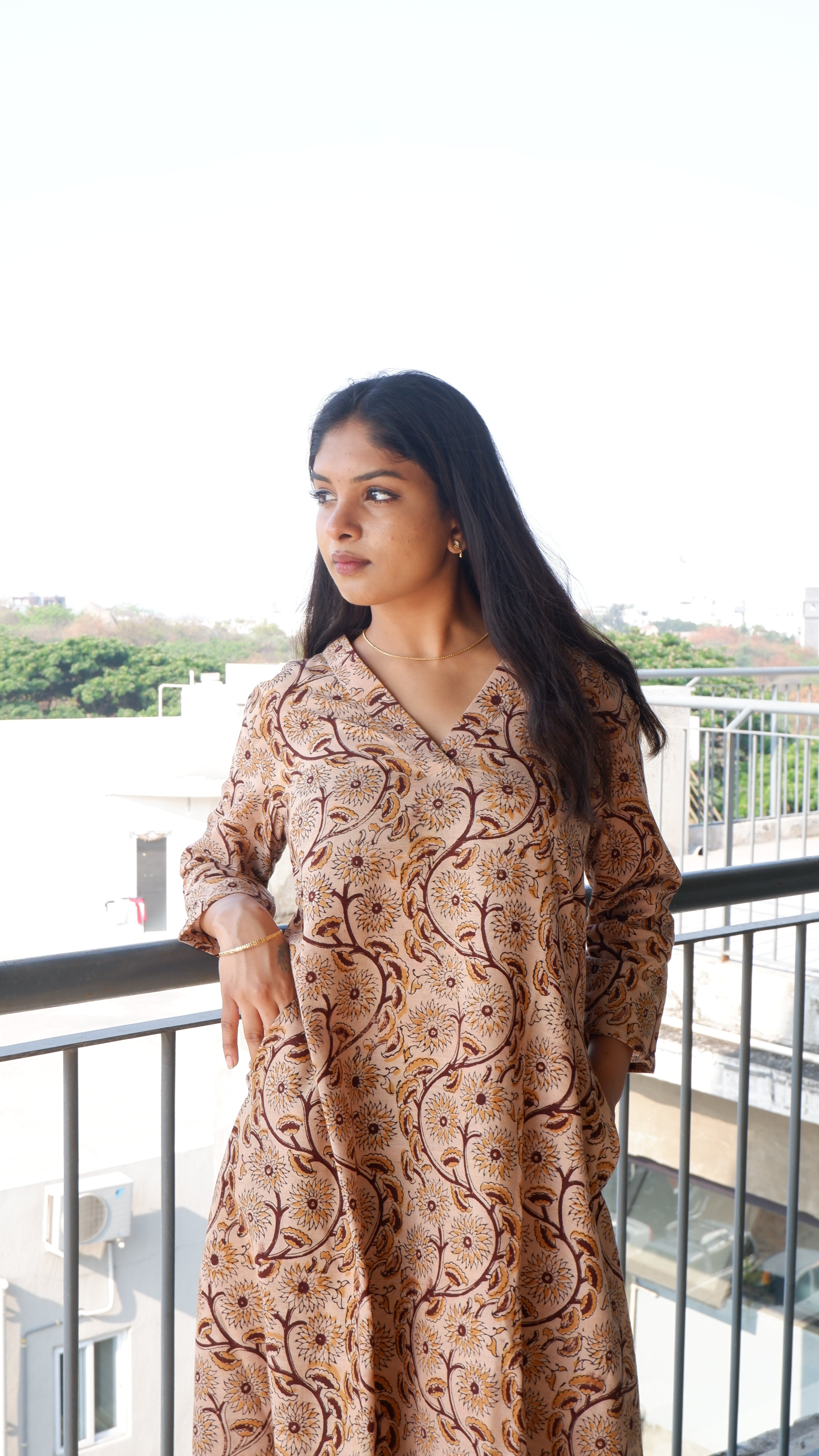 Cream Brown Kalamkari A-line Long Kurta