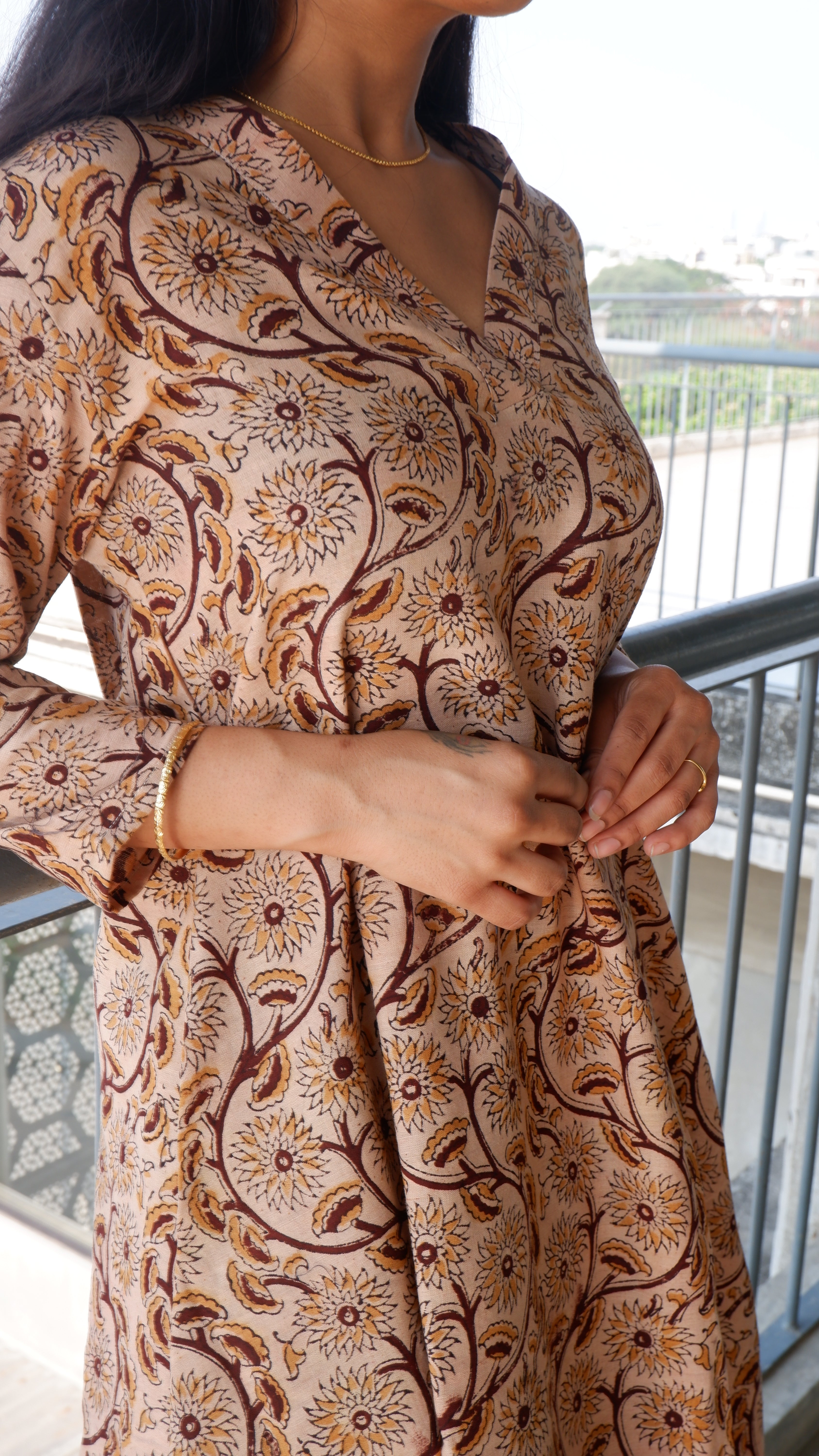 Cream Brown Kalamkari A-line Long Kurta