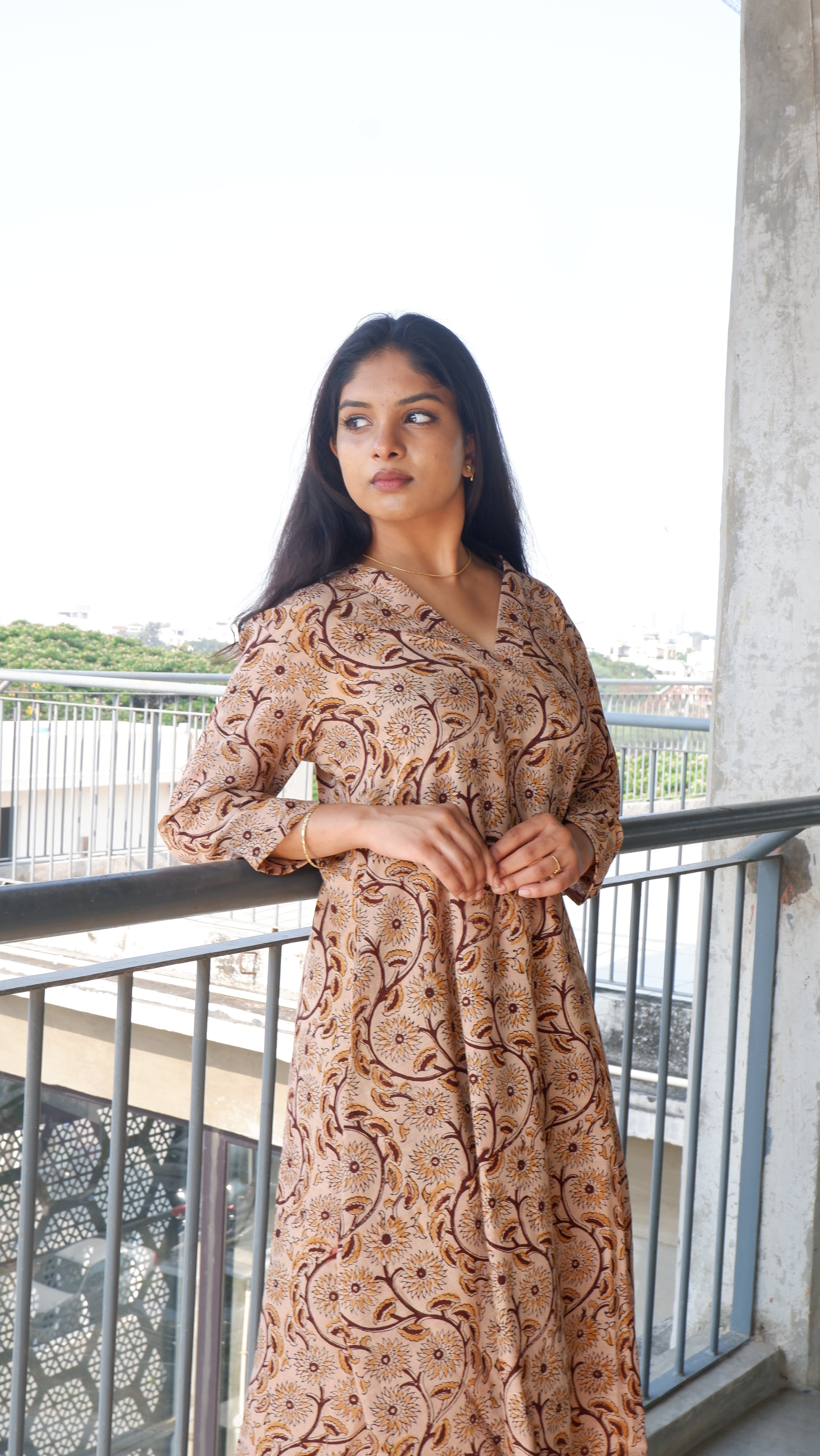 Cream Brown Kalamkari A-line Long Kurta