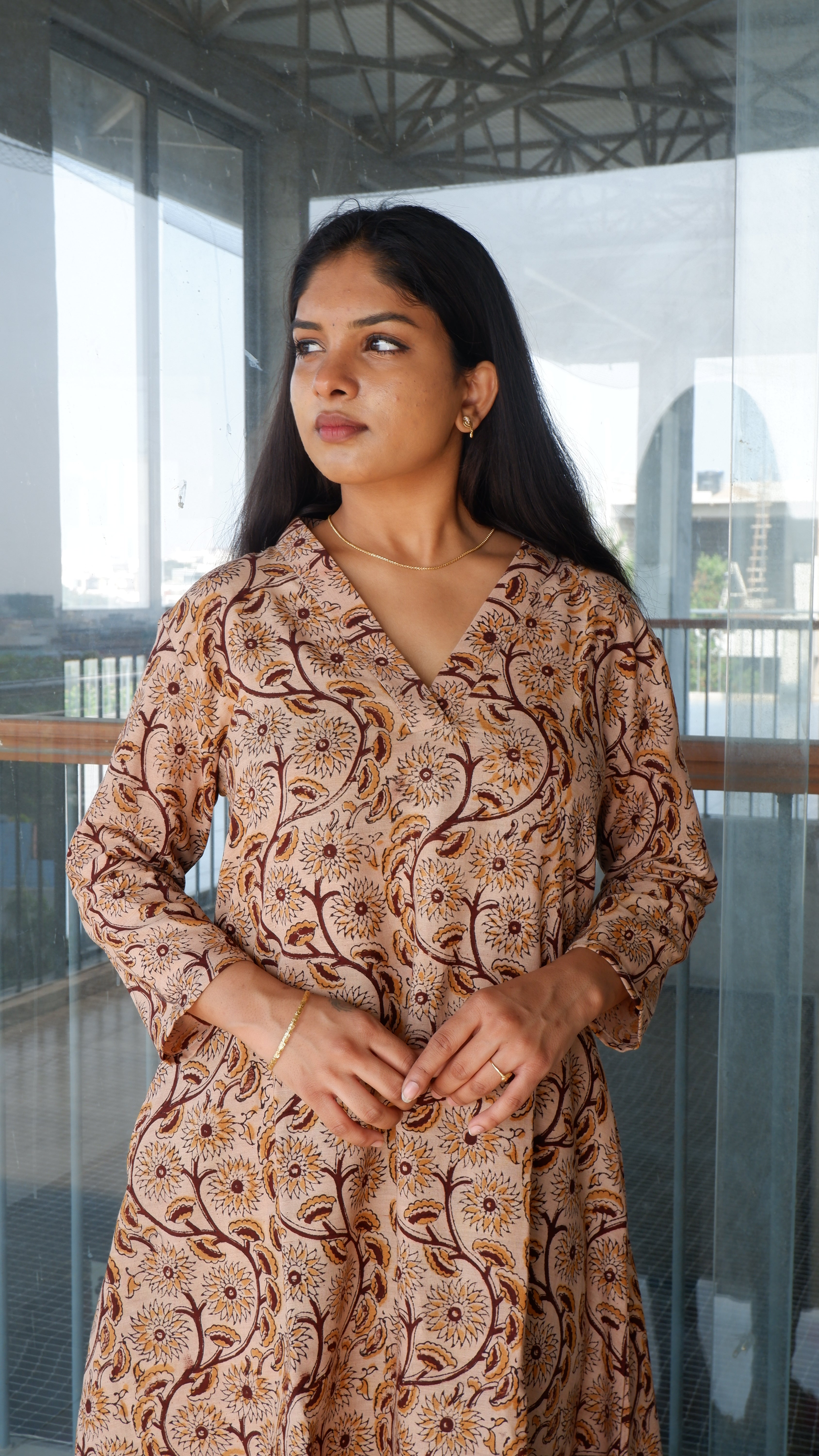 Cream Brown Kalamkari A-line Long Kurta