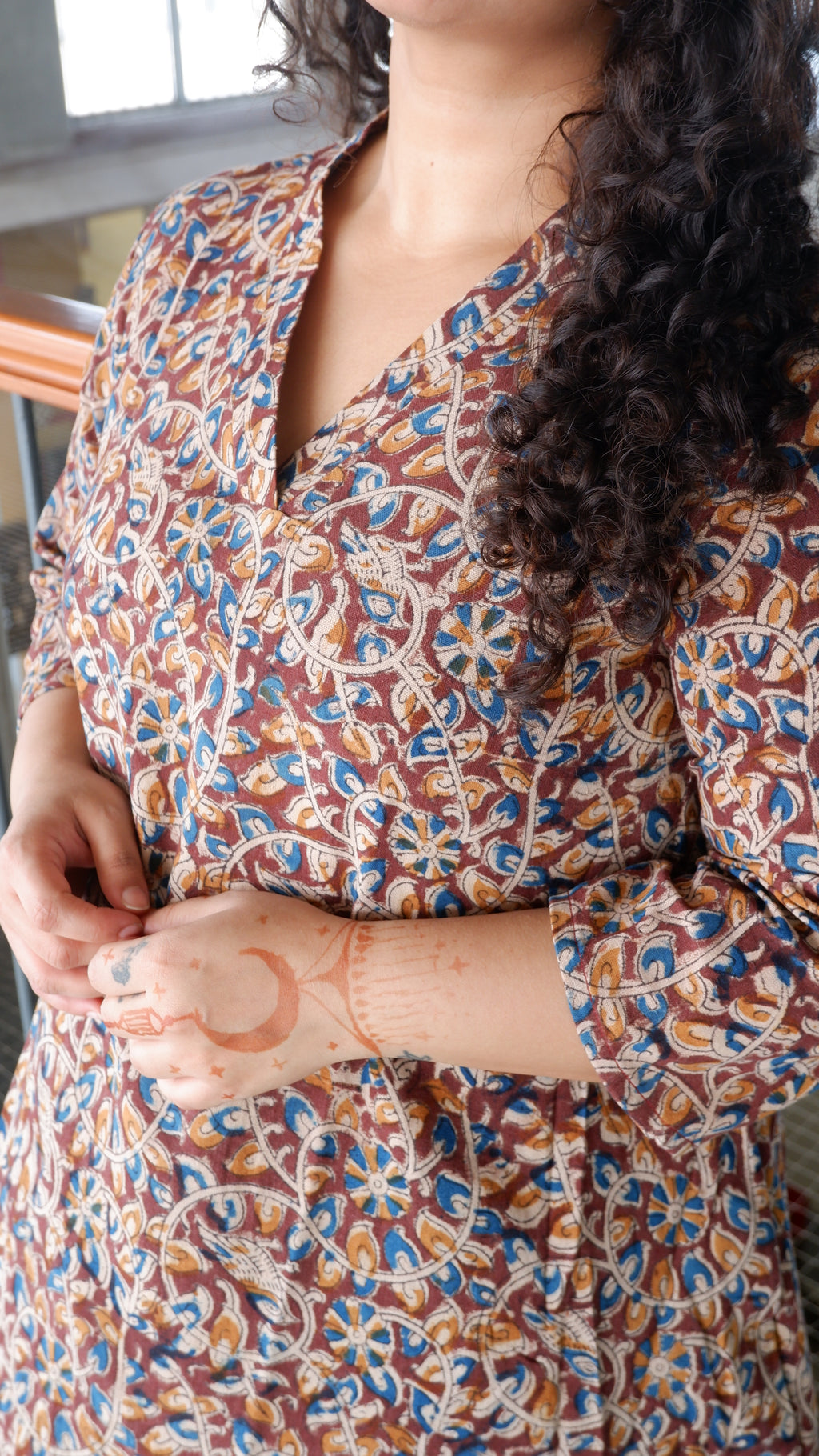 Brown Floral Kalamkari A-line Long Kurta