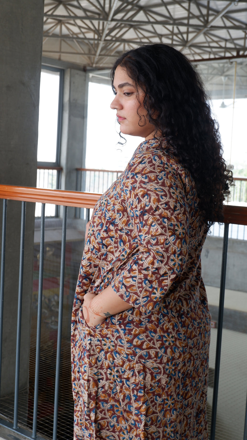 Brown Floral Kalamkari A-line Long Kurta
