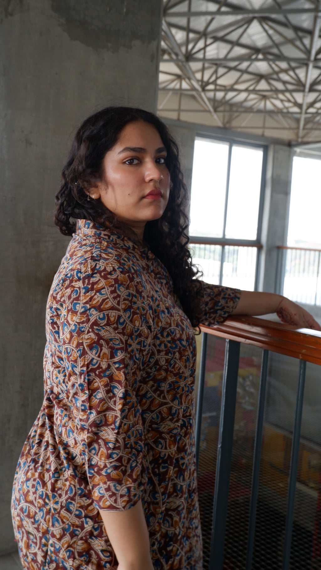 Brown Floral Kalamkari A-line Long Kurta