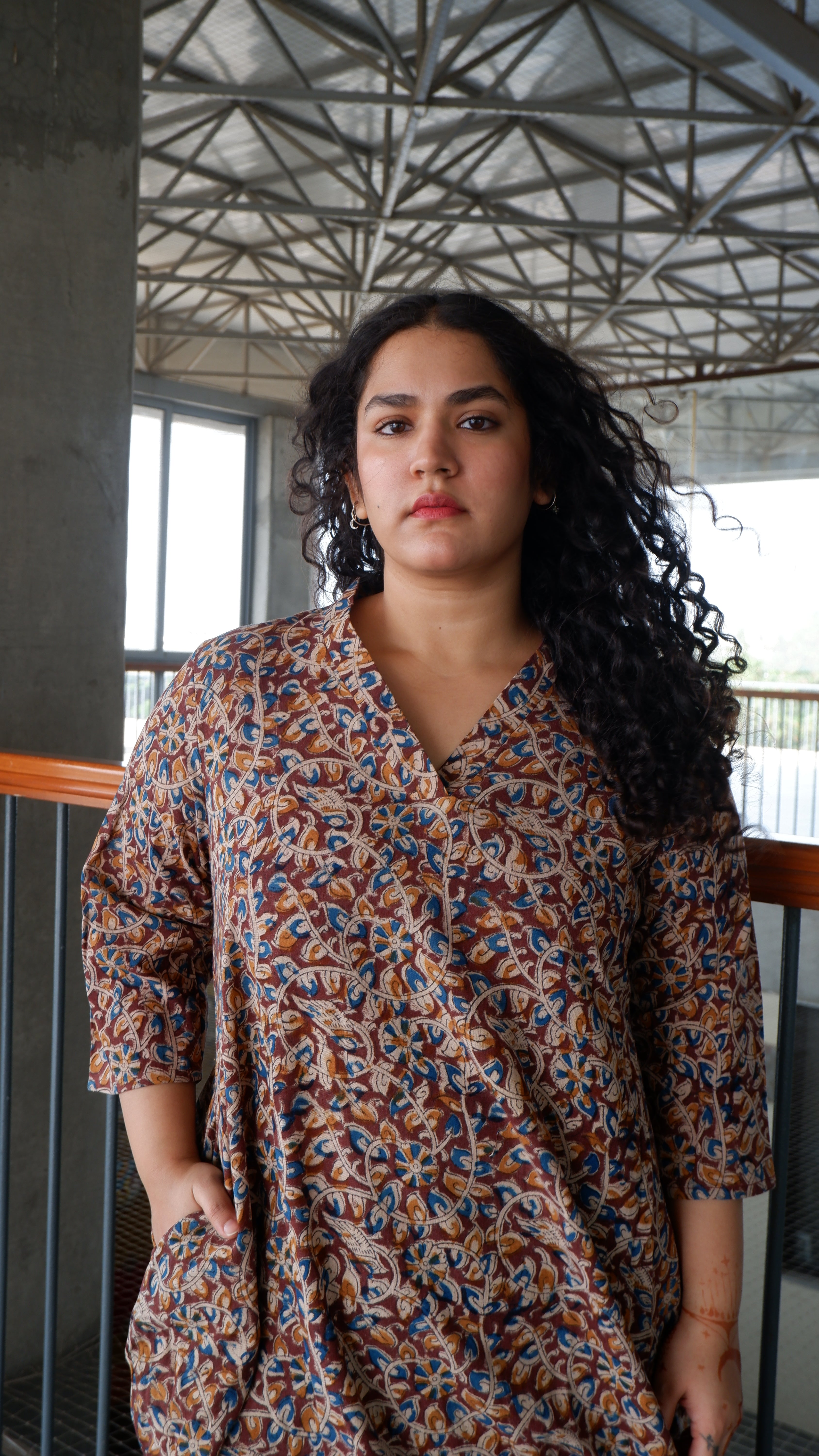 Brown Floral Kalamkari A-line Long Kurta