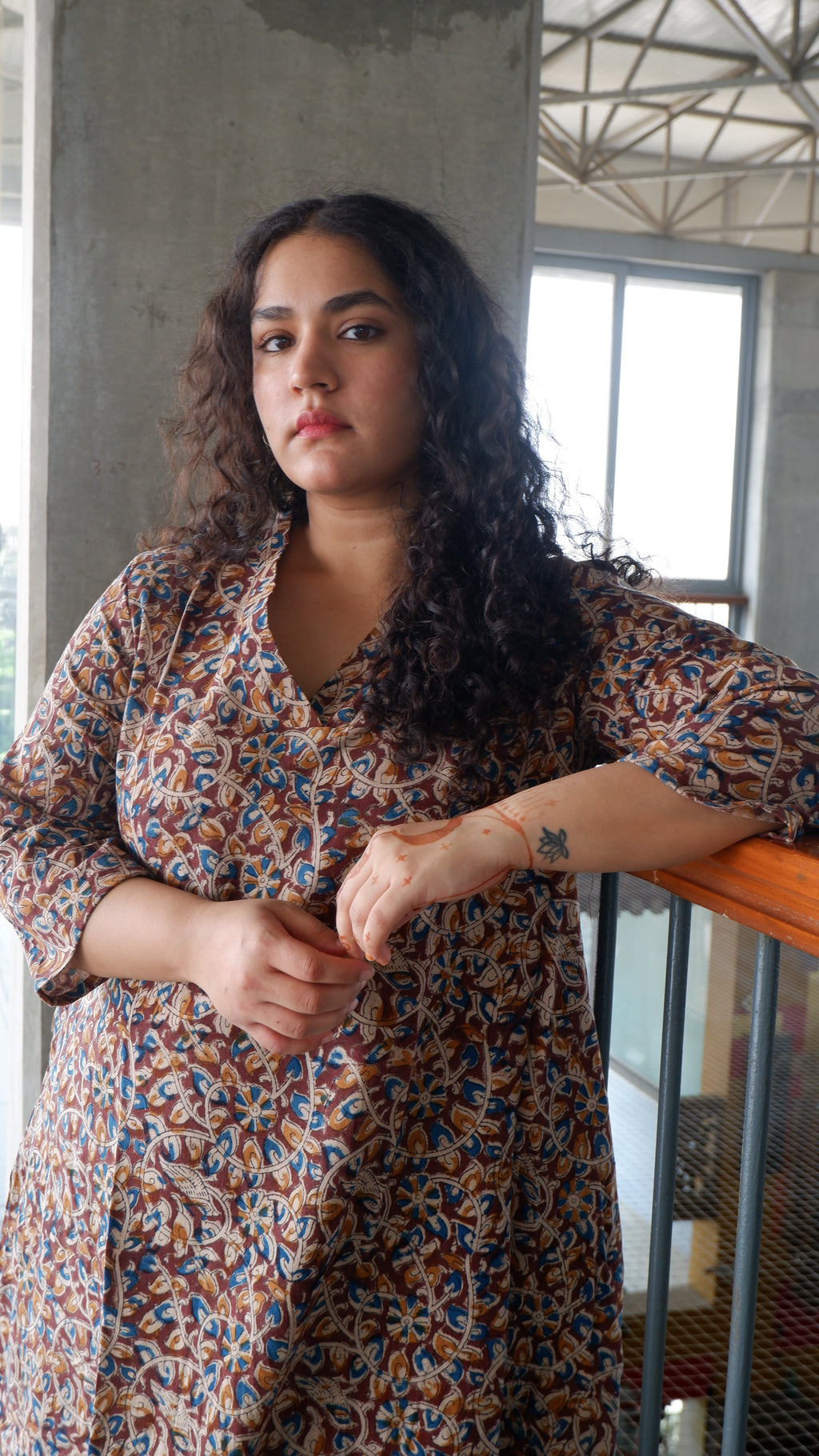 Brown Floral Kalamkari A-line Long Kurta