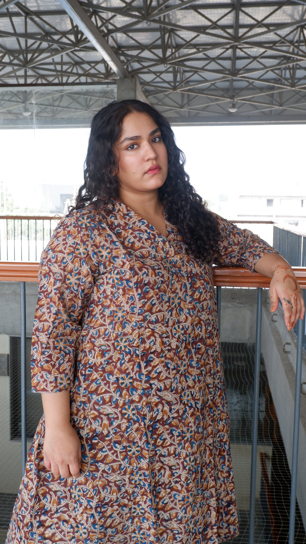Brown Floral Kalamkari A-line Long Kurta