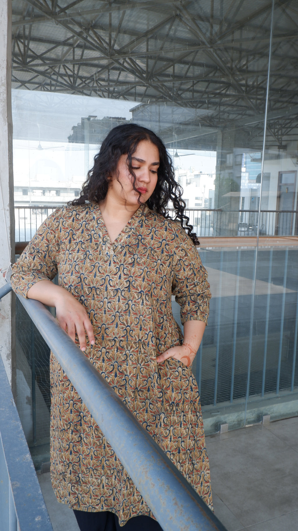 Green Floral Kalamkari A-line Long Kurta