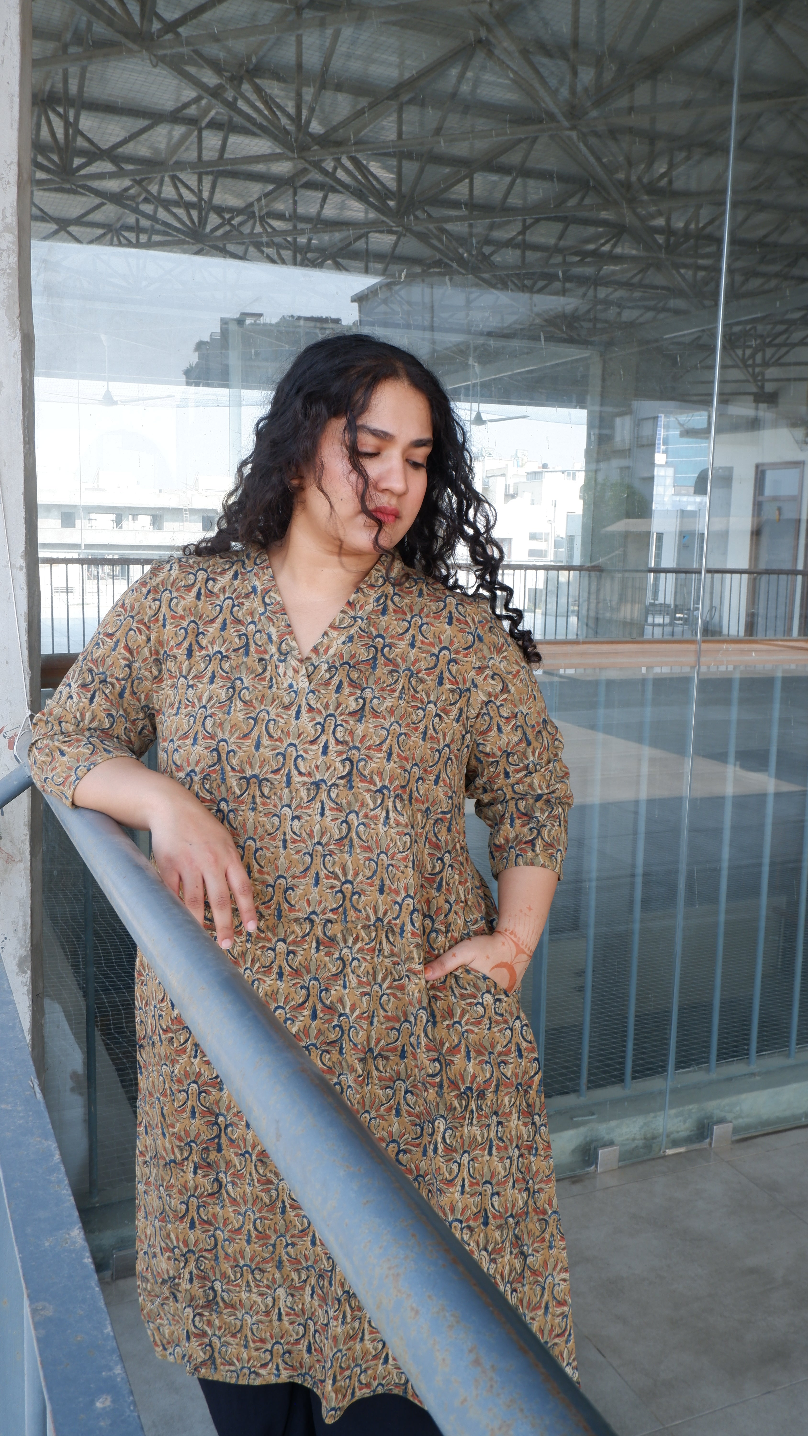 Green Floral Kalamkari A-line Long Kurta