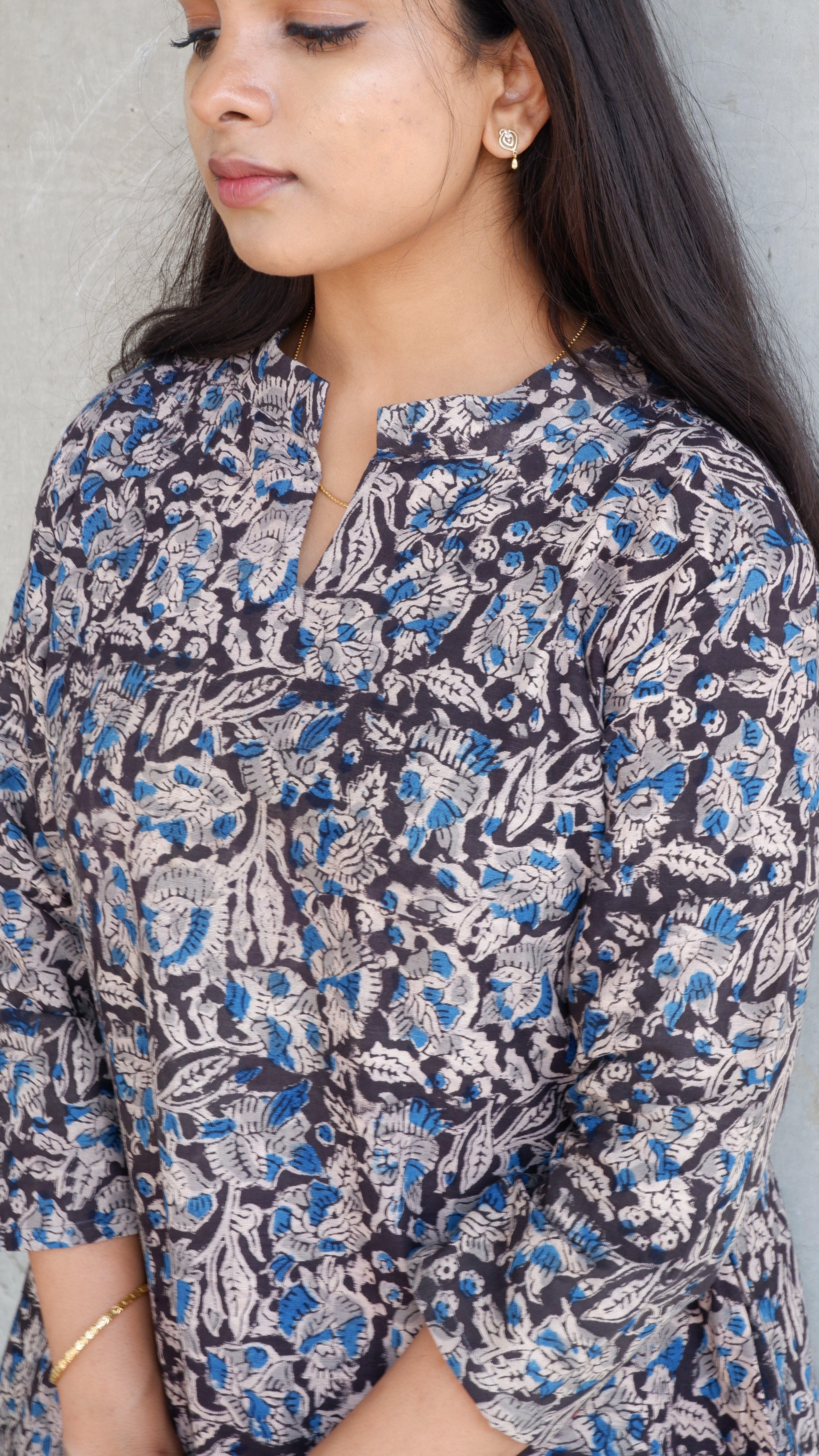 Black leaf Kalamkari A-line Long Kurta