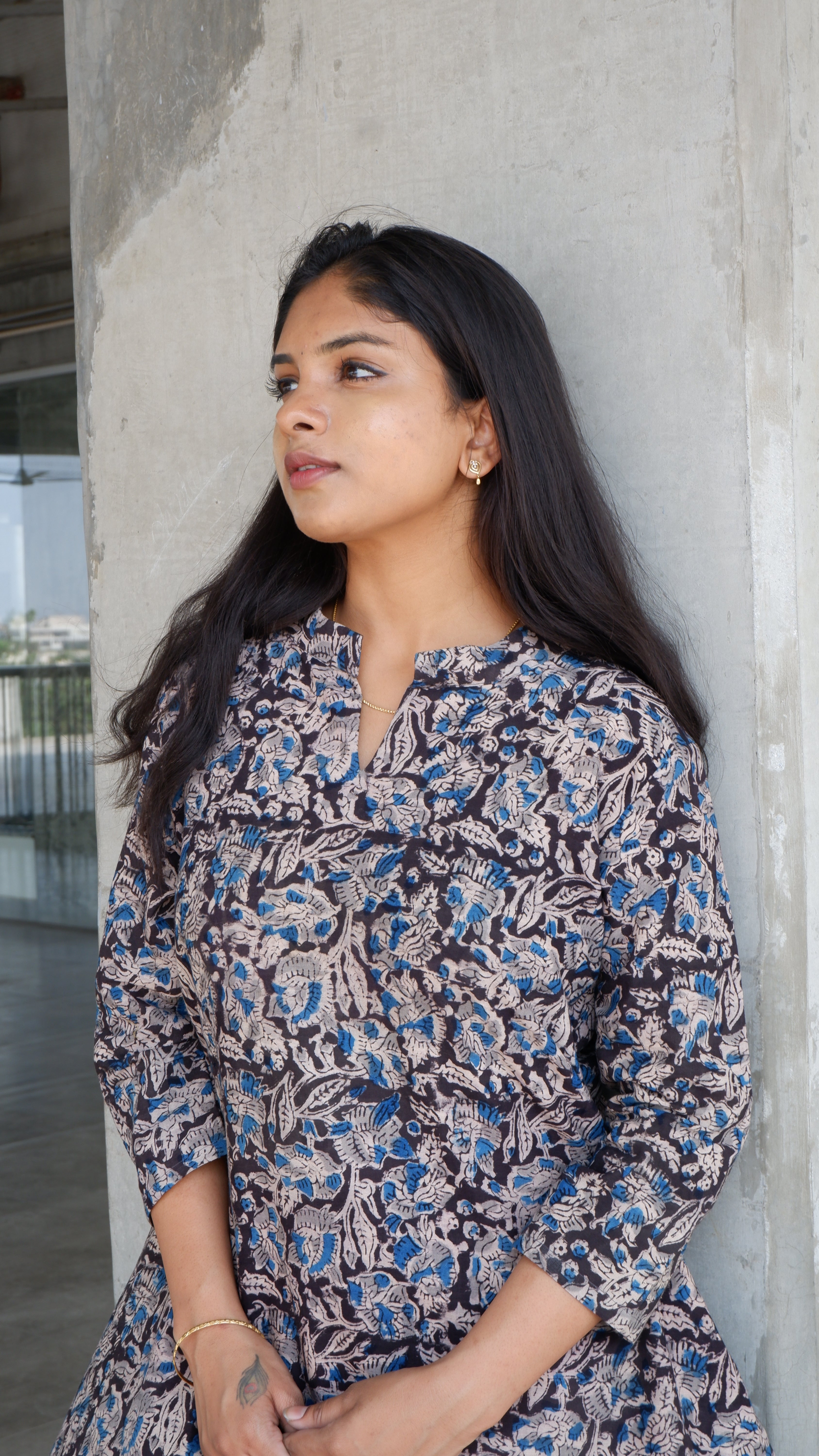Black leaf Kalamkari A-line Long Kurta