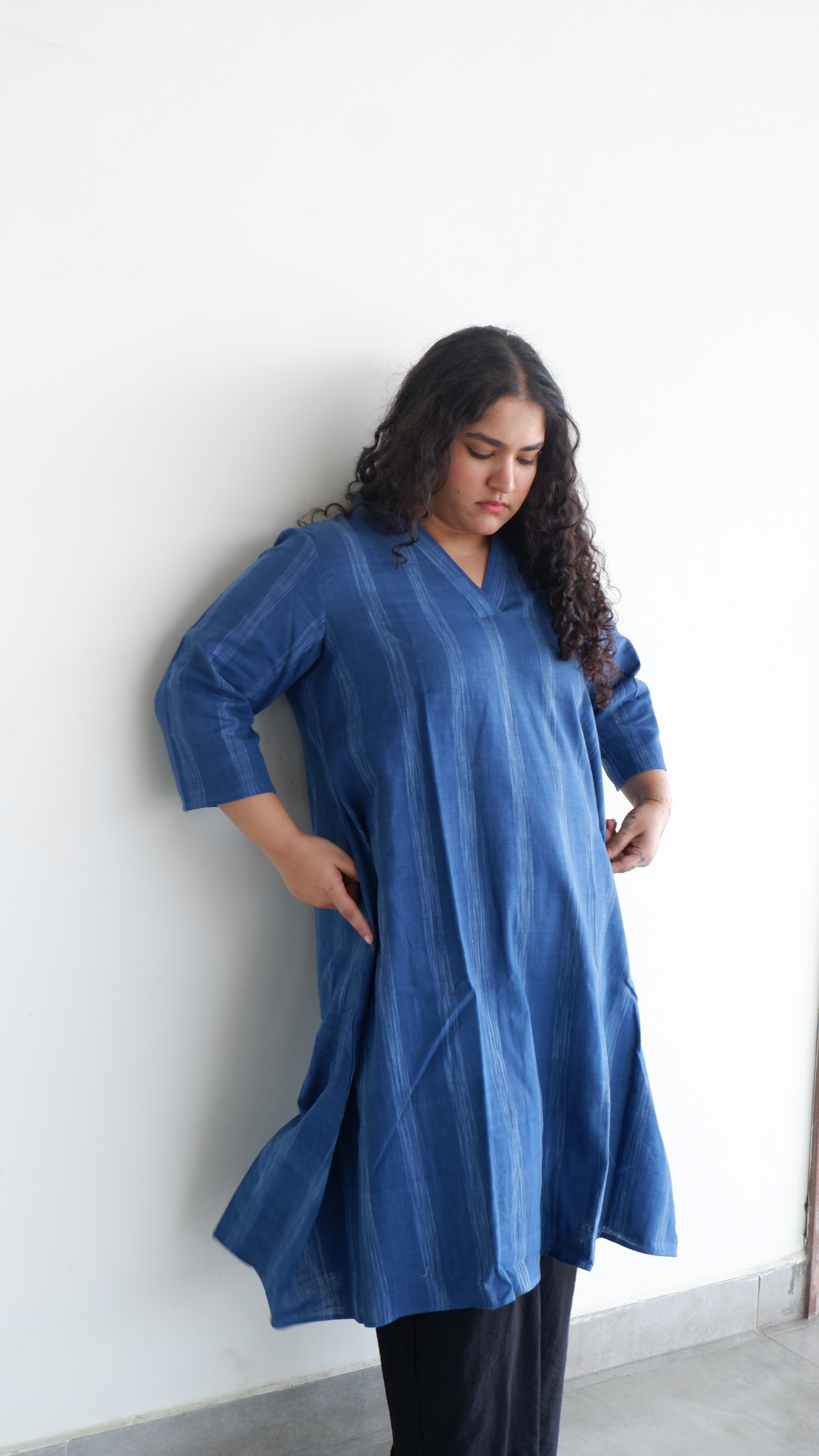 Blue Handloom A-line Long Kurta
