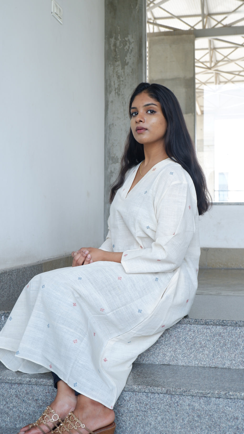 White Handloom A-line Long Kurta