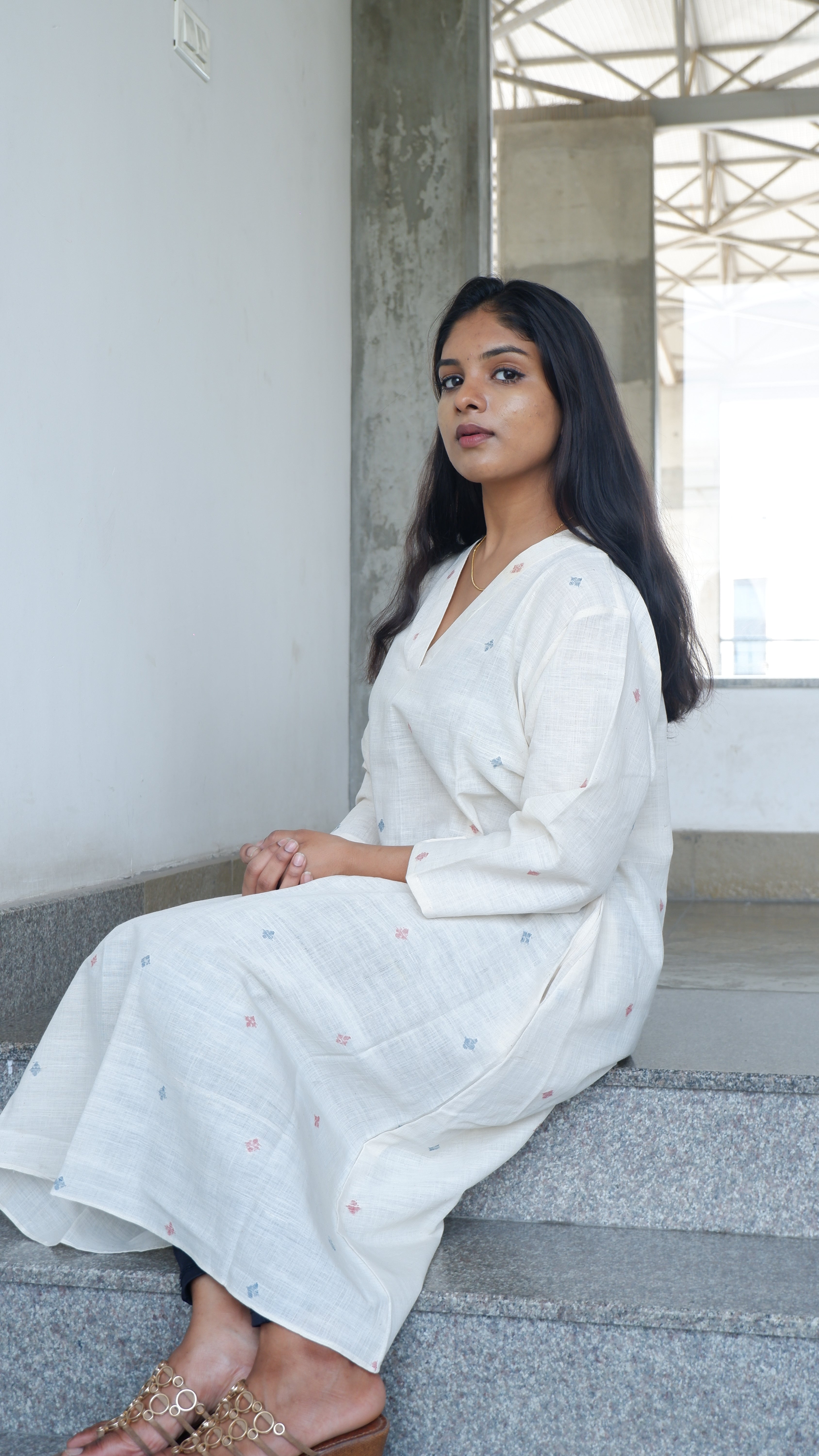 White Handloom A-line Long Kurta