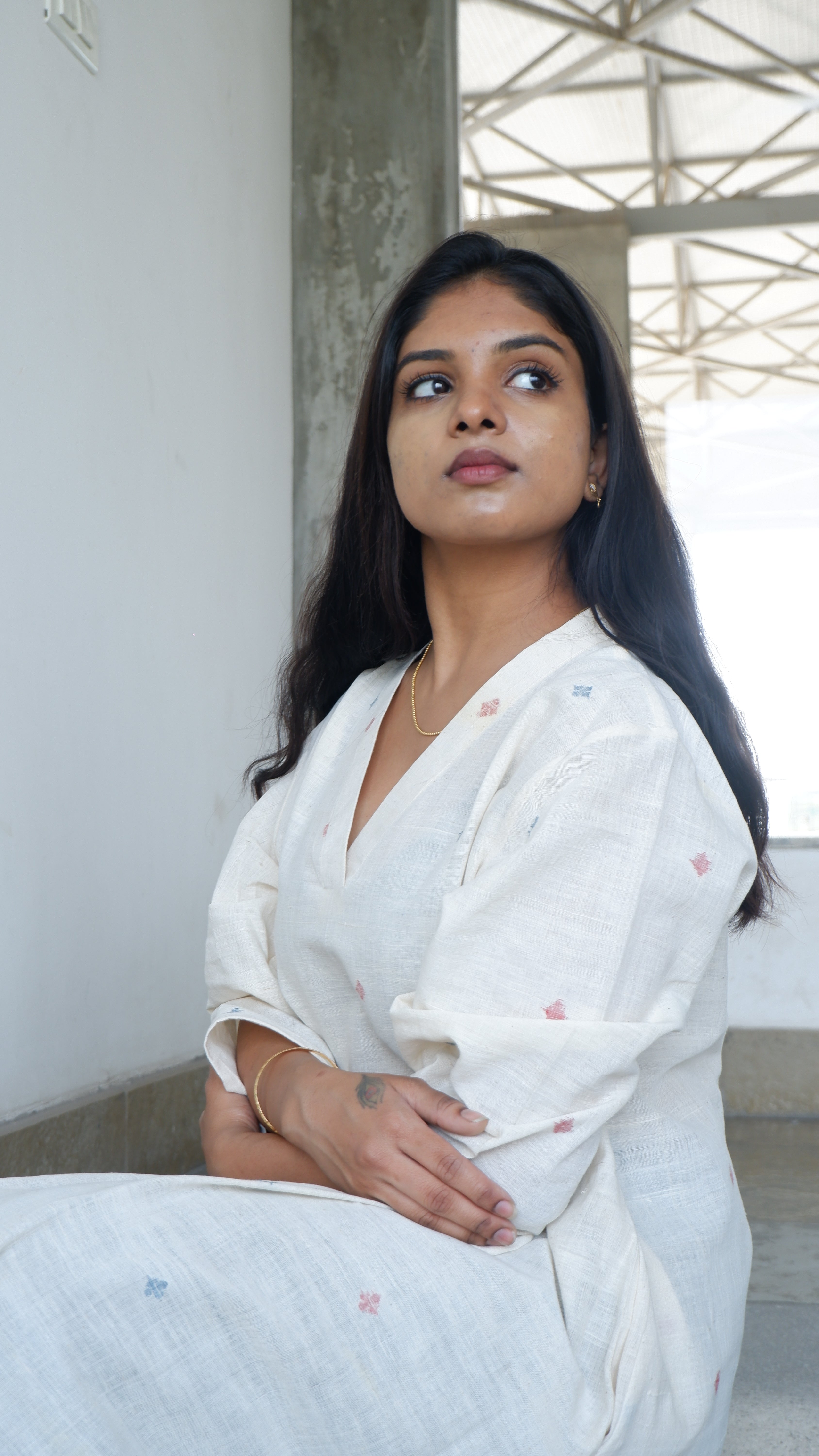 White Handloom A-line Long Kurta